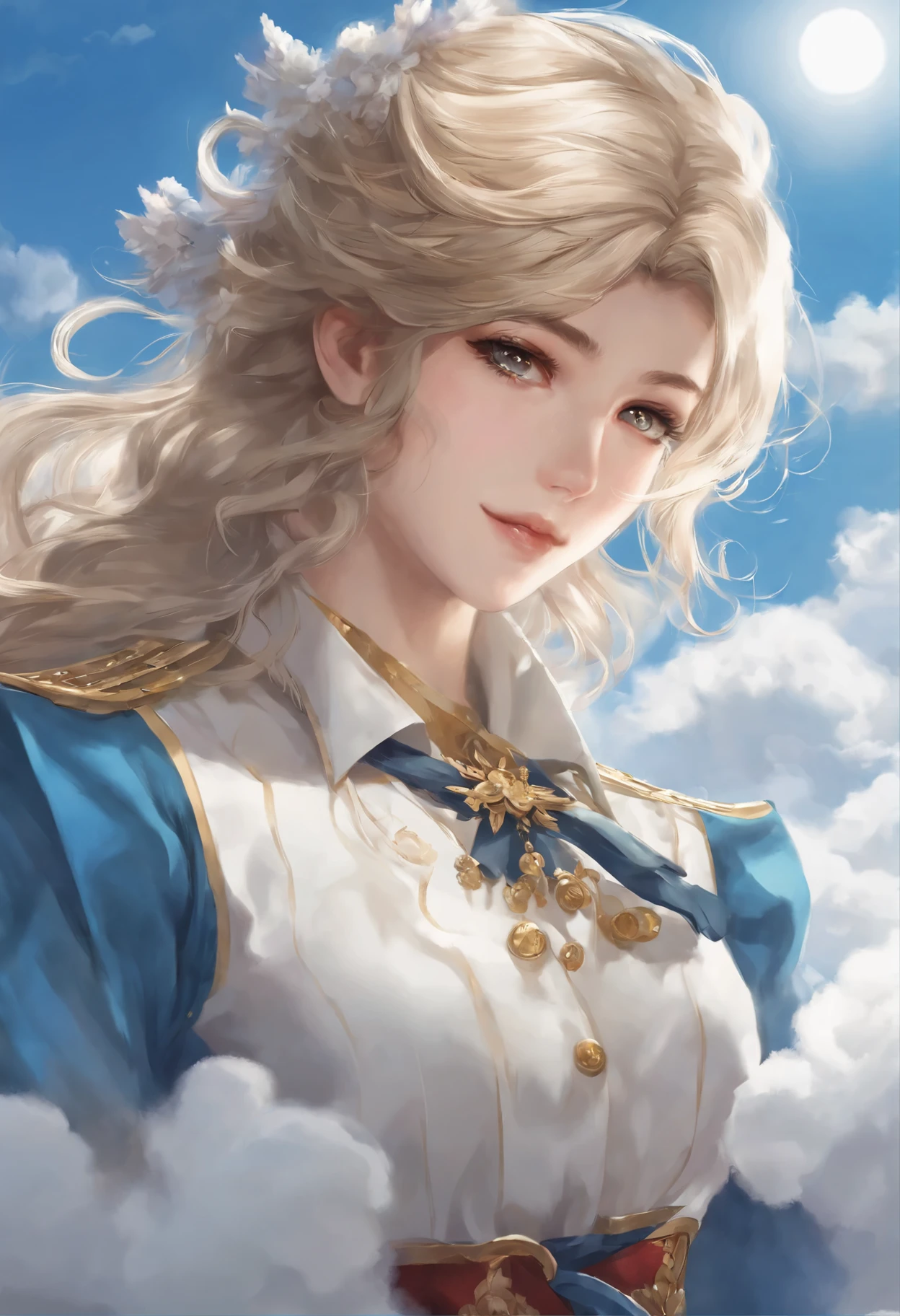 close-up of a swallow, Santa Claus walks on the clouds, fluffy clouds, shaggy clouds, casimir art, shigenori soejima illustration, boris valejo. Swallow girl, detailed anime character art, detailed key anime art, Granblue Fantasy, Beautiful swallow in demon slayer art, Taisho Roman, crisp clear rpg portrait, Masamune Shiro, key anime art