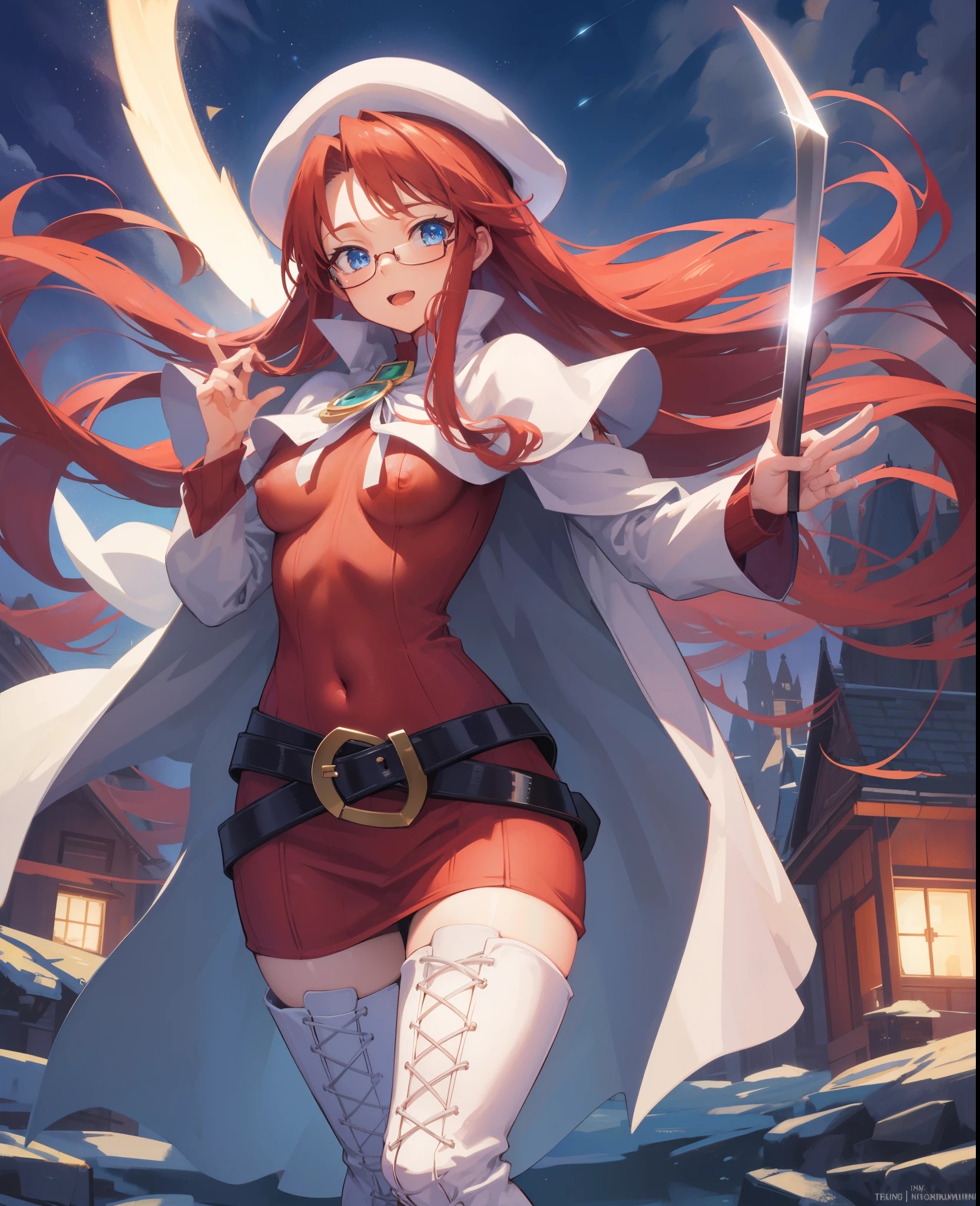 summonnightaty, aty, long hair, blue eyes, red hair, beret, hat, glasses,
BREAK long hair, thighhighs, hat, dress, boots, glasses, belt, cape, sweater, zettai ryouiki, beret, thigh boots, white footwear, ribbed sweater, loose belt,,
BREAK outdoors, fantasy_town,
BREAK (masterpiece:1.2), best quality, high resolution, unity 8k wallpaper, (illustration:0.8), (beautiful detailed eyes:1.6), extremely detailed face, perfect lighting, extremely detailed CG, (perfect hands, perfect anatomy),(covered_nipples:1.3),covered_navel,light_smile,dynamic_posing ,walking,(half_eyes:1.2),light_open_mouth,sword,armpit