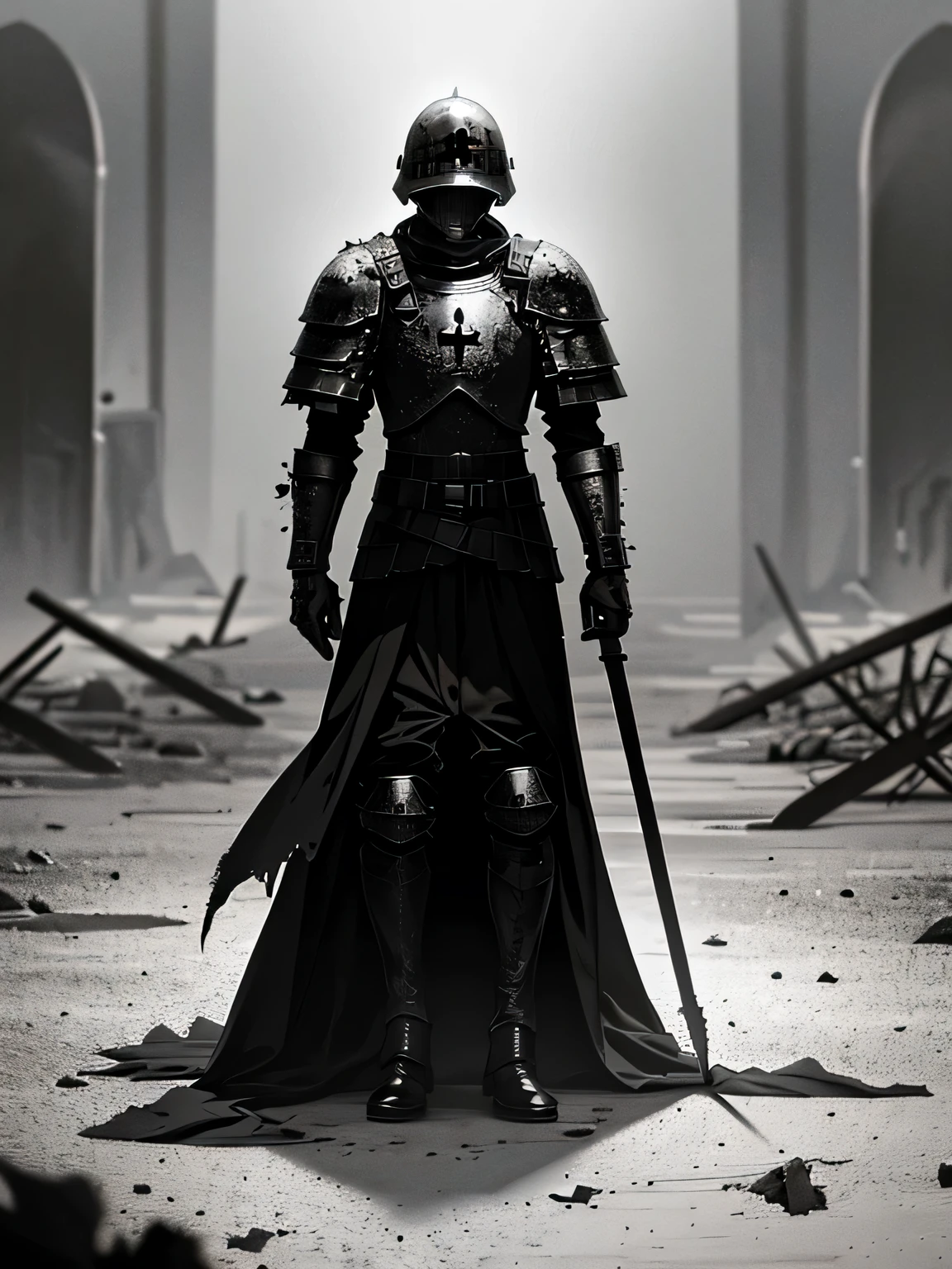 (Dark art), (Hopeless art), dark anime medieval soldier, broken soldier, holey helmet, black wounds, crashed armor, closed clothing, Broken Sword, ash, abandoned battlefield, highly detailed art