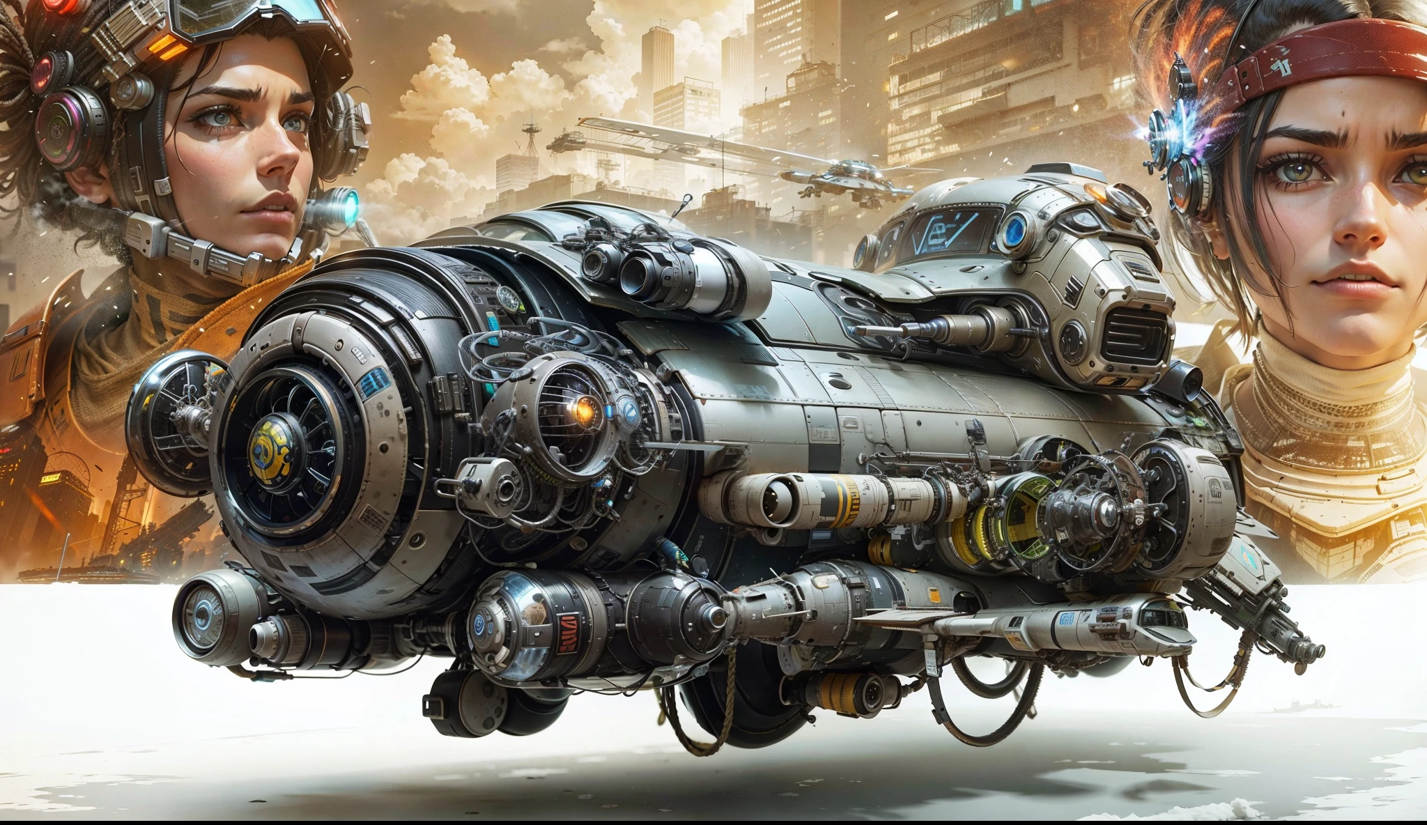 Uma locomotiva hover Cyberpunk in foreground, on the back there is a handsome cyberpunk pilot with a cyberpunk costume and on the other side there is a beautiful cyberpunk female pilot, ao fundo uma cidade Cyberpunk
