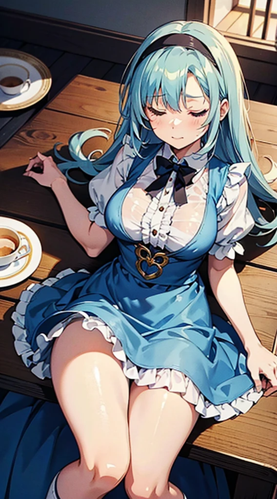 anime styled, High definition illustration, Perfect drawing, Draw anatomically correctly, alice in the wonderland, Beautiful blonde girl lying on the table at a tea , ((seminude:1.5)), A short, light blue dress with a simple design and frills., Layering a white apron,The girl is sleeping with her eyes closed with a happy expression, The girl's apron and skirt are turned up and her panties are visible., sleep peacefully,((morpheus:1.5)), He is breathing peacefully with his mouth slightly open.,Close your eyes, light blue headband with white border, Her dress flutters in the breeze and her panties are visible., Legs spread cutely and defenselessly, Innocent sleeping face, White knee-high socks that reach above the knee, Breast bulge,The protrusions of her nipples are slightly visible through her clothes.