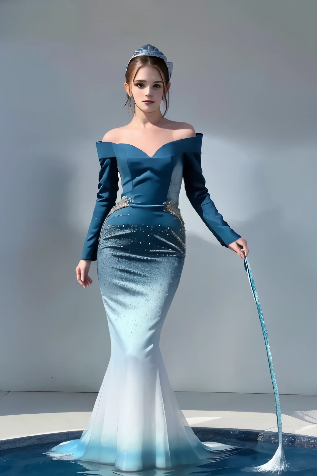 1 model is wearing this dress，a close up of a mannequin with a blue Mermaid tail, The body of a mermaid, Clothes are made of water, wearing a Clothes are made of water, 用爱的clothing design, blue scales cover her, Mermaid tail, Mermaid robot with laser whip, Ariana Grande as a mermaid, clothing design, Emma Watson plays the mermaid, 复杂的clothing design, Outfits with blue accents