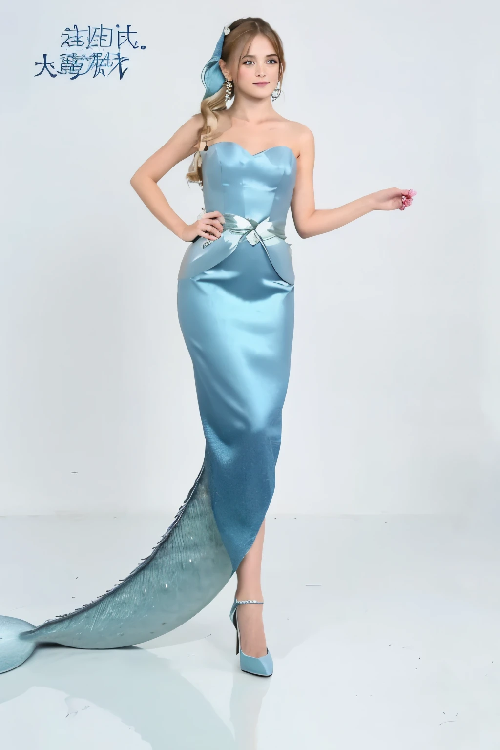 1 model is wearing this dress,Haute couture dresses,Model catwalk show,Professional model,a close up of a mannequin with a blue Mermaid tail, The body of a mermaid, Clothes are made of water, wearing a Clothes are made of water, 用爱的clothing design, blue scales cover her, Mermaid tail, Mermaid robot with laser whip, Ariana Grande as a mermaid, clothing design, Emma Watson plays the mermaid, 复杂的clothing design, Outfits with blue accents
