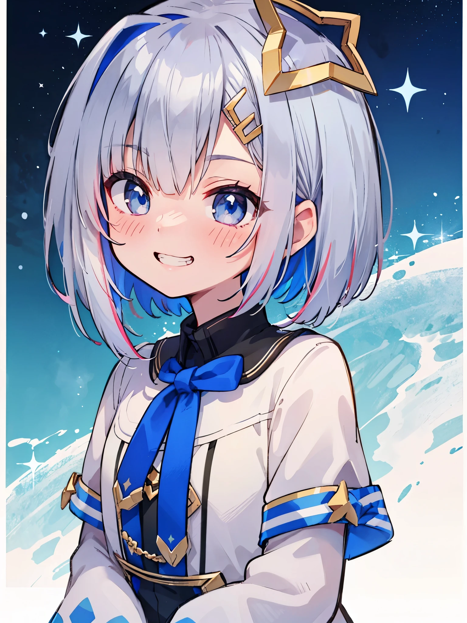 Silver short hair, star on head, blue eyes, beautiful,  upper body, ((smug face)), blush, detailed eyes, sparkle eyes, grin