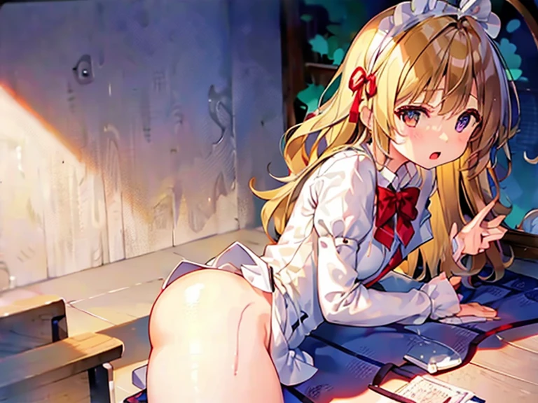 A 12 year old girl with a cute Alice in Wonderland blonde wavy headband sits naked with her legs spread wide showing her ass, anus, pussy and small nipples.。I don't wear any underwear。A pose where you can be seen from below。are small。Pose that shows your anus。pussy and anus are spread。Spreading legs with both hands。taking off the apron dress。Inserting a ballpoint pen into her pussy、SEX。NFSW