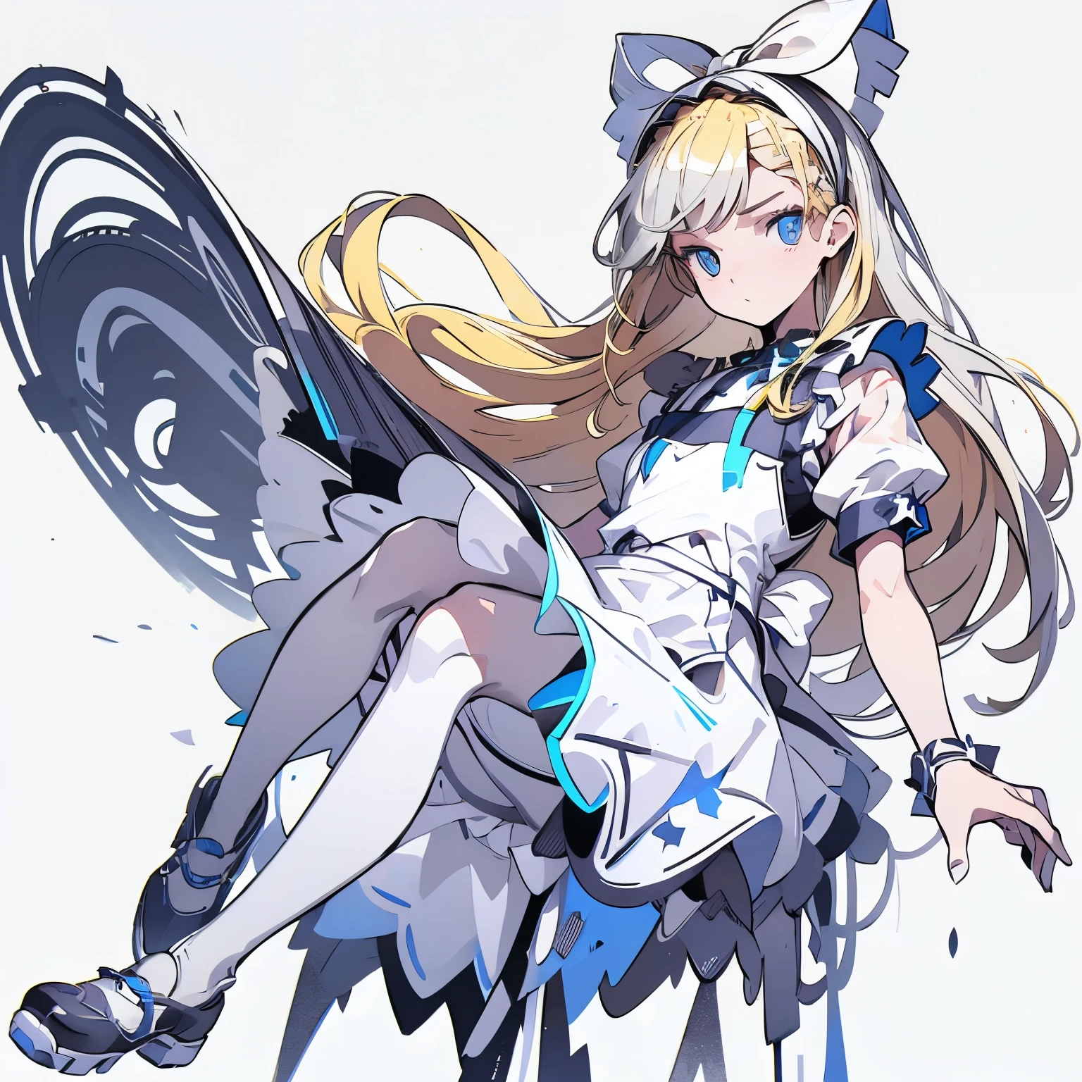 【Highest Quality, masutepiece】  [1 girl in, expressioness, (blonde hair:1.5), long hair, dress, (blue eyes:1.3), white legwear, apron, hairband ribbon, blue dress, shoes, short sleeves, saucer, black footwear, Upper body] (Gray white background:1.7), Surprised,