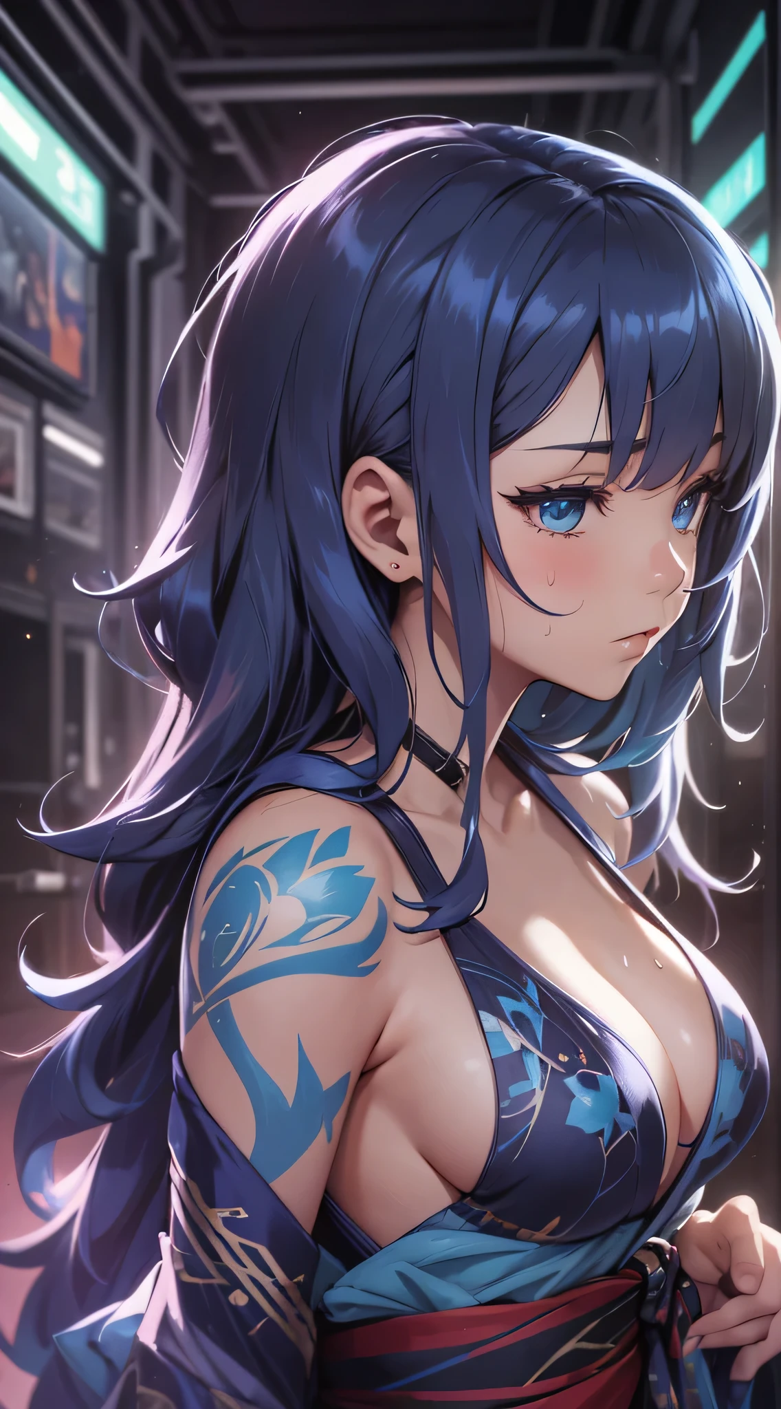 top-quality、Top image quality、masterpiece、teens girl((18year old、 Ager、Best Bust、Medium bust,wide open breast tea、light blue eyerest, Black and light blue hair、A slender,Large valleys、dye one's cheeks red、Black yukata、pretty pose、running motion、dash、Sweating、Splattering sweat)),hiquality、Beautiful Art、Background with((Inside the inn、Night Hostel、jpn、skyrocket))、masutepiece、depth of fields、movie