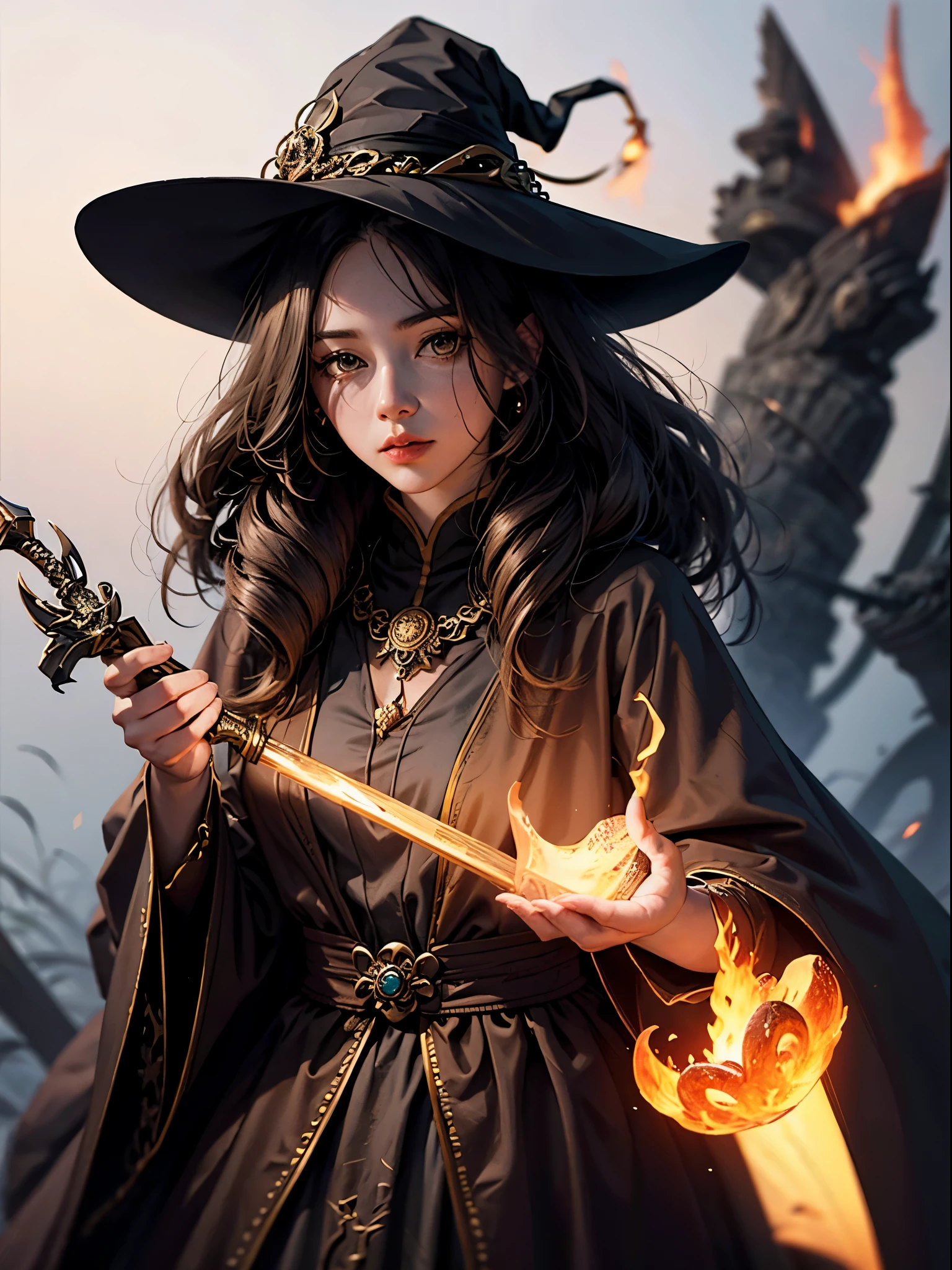 Dressed in witch costume and holding a bright wand,female mage召唤咒语,黑暗幻想female mage,Witch portrait,beautiful witch,female mage,Female fire mage,Fire Mage characters