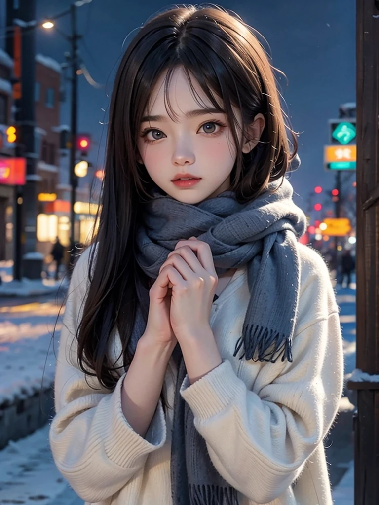 Best quality female high school student 18 wearing scarf in snowy city night scene in winter