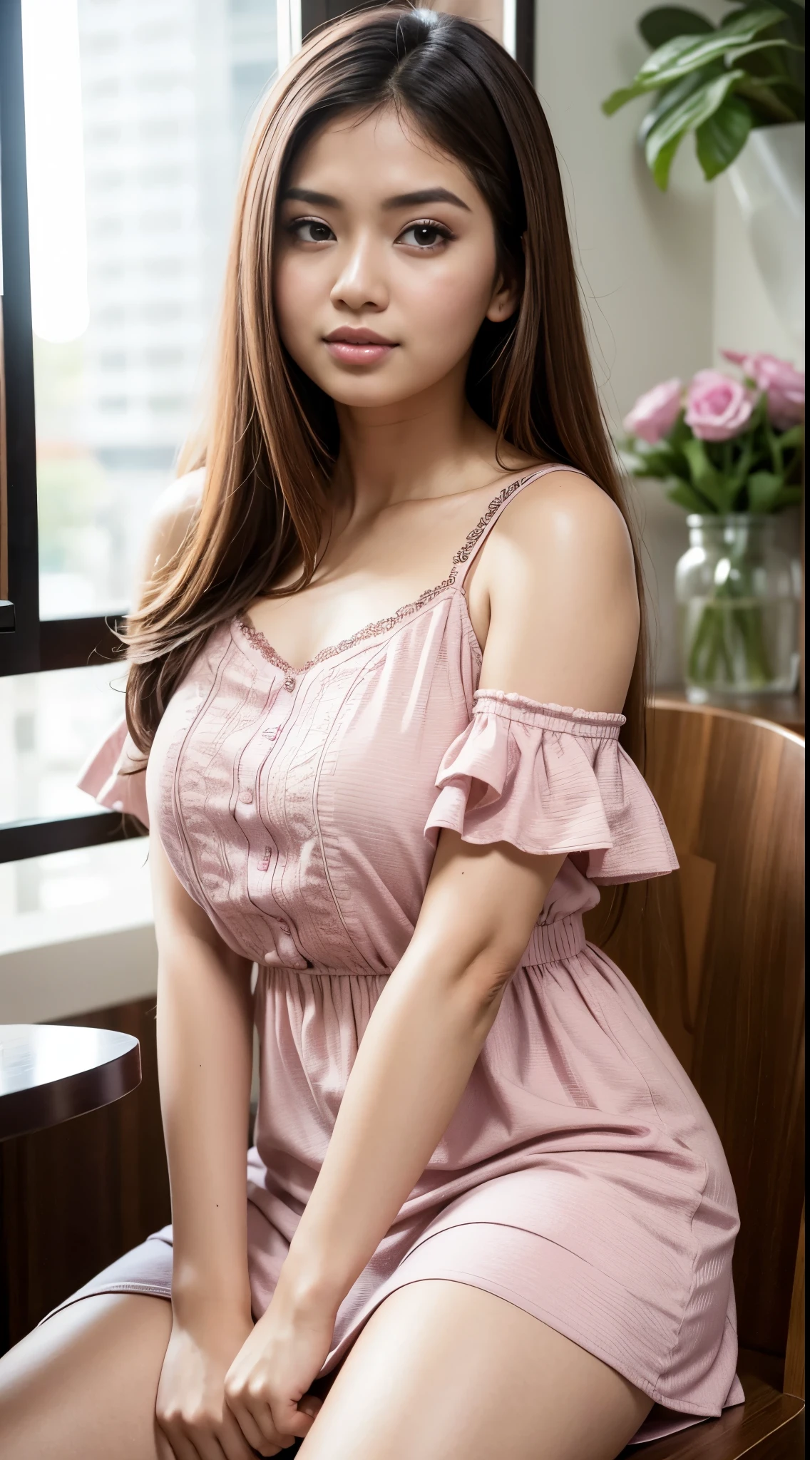 RAW, Best quality, high resolution, masterpiece: 1.3), beautiful Malay woman, Masterpiece, perfect fit body, big breasts, beautiful big eyes, long hair, brown hair, open stand, Soft smile, thick thighs, woman sitting in the cafe in (pink frilled dress:1.1) , she is about 2 0 years old, she is about 20 years old, pale skin Malay girl, smooth pink skin, beautiful woman, wearing a light purple dress, beautiful Malay woman, she is about 2 5 years old, she about 30 years old, he is about 3 0 years old