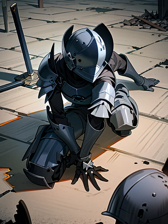 (Dark art), (hopeless art), dark anime medieval soldier, broken soldier, holey helmet, black wounds, crashed armor, closed clothing, broken sword, sword broken in half, ash, abandoned battlefield, highly detailed art