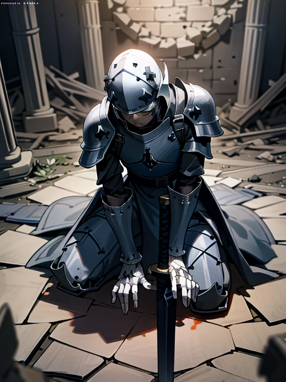 (Dark art), (hopeless art), dark anime medieval soldier, broken soldier, holey helmet, black wounds, crashed armor, closed clothing, broken sword, sword broken in half, ash, abandoned battlefield, highly detailed art