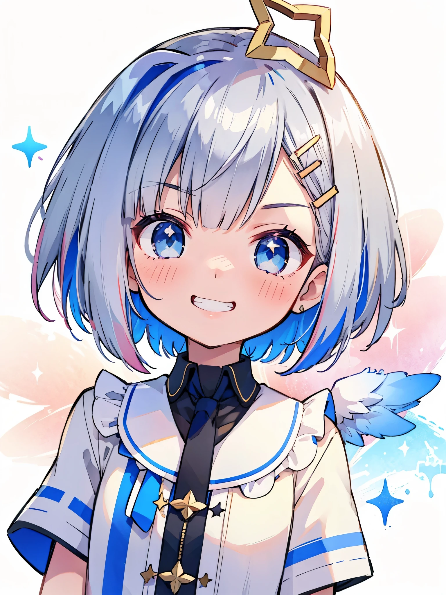 Silver short hair, star on head, blue eyes, beautiful,  upper body, ((smug face)), blush, detailed eyes, sparkle eyes, grin