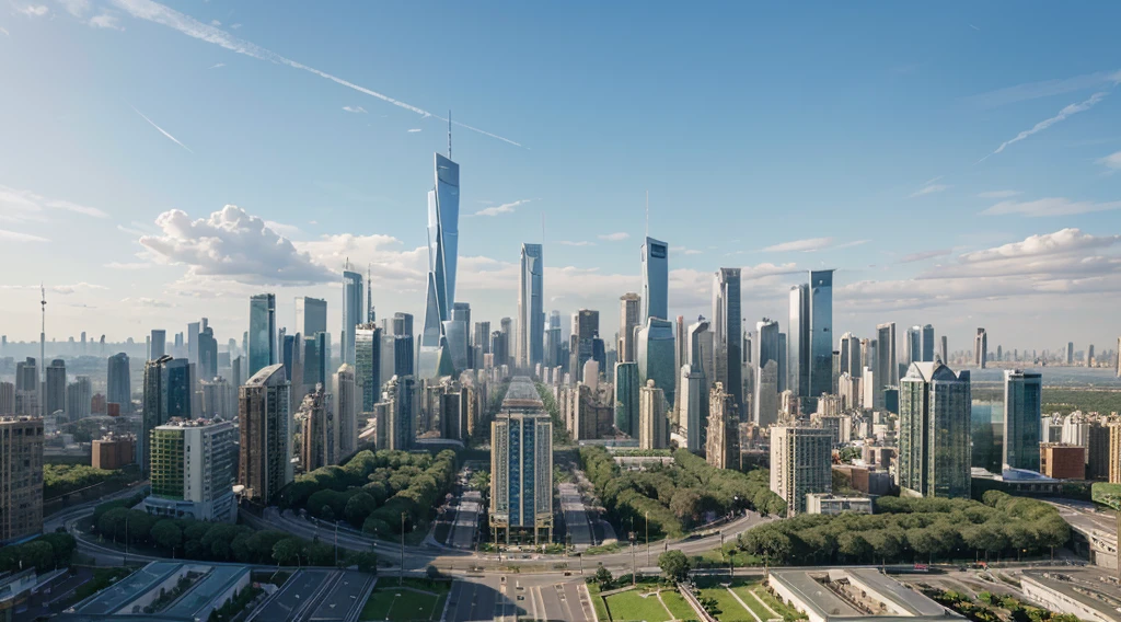 A beautiful panorama of a futuristic city, with flying cars, parks with trees, and a clean and positive environment. (best quality,4k,8k,highres,masterpiece:1.2),ultra-detailed,(realistic,photorealistic,photo-realistic:1.37), HDR, UHD, studio lighting, vivid colors, bokeh, physically-based rendering, extreme detail description, professional, portraits, concept artists, sci-fi, sharp focus, futuristic technology, clean and organized streets, modern architecture, bustling city life, clear blue skies, green parks with lush trees, happy and diverse citizens, flying cars seamlessly navigating the airspace, skyscrapers reaching for the sky, shiny and reflective surfaces, advanced transportation systems, advanced energy systems powering the city, clean and pollution-free environment, positive and thriving community, seamlessly blending nature and technology, majestic skyline, vibrant and energetic atmosphere, advanced urban planning, sustainable living, harmonious coexistence of nature and urban development.