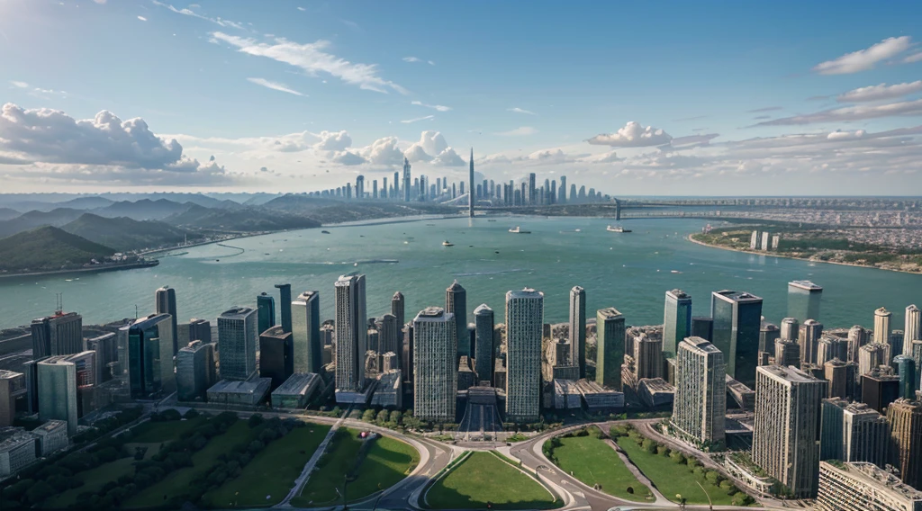 A beautiful panorama of a futuristic city, with flying cars, parks with trees, and a clean and positive environment. (best quality,4k,8k,highres,masterpiece:1.2),ultra-detailed,(realistic,photorealistic,photo-realistic:1.37), HDR, UHD, studio lighting, vivid colors, bokeh, physically-based rendering, extreme detail description, professional, portraits, concept artists, sci-fi, sharp focus, futuristic technology, clean and organized streets, modern architecture, bustling city life, clear blue skies, green parks with lush trees, happy and diverse citizens, flying cars seamlessly navigating the airspace, skyscrapers reaching for the sky, shiny and reflective surfaces, advanced transportation systems, advanced energy systems powering the city, clean and pollution-free environment, positive and thriving community, seamlessly blending nature and technology, majestic skyline, vibrant and energetic atmosphere, advanced urban planning, sustainable living, harmonious coexistence of nature and urban development.