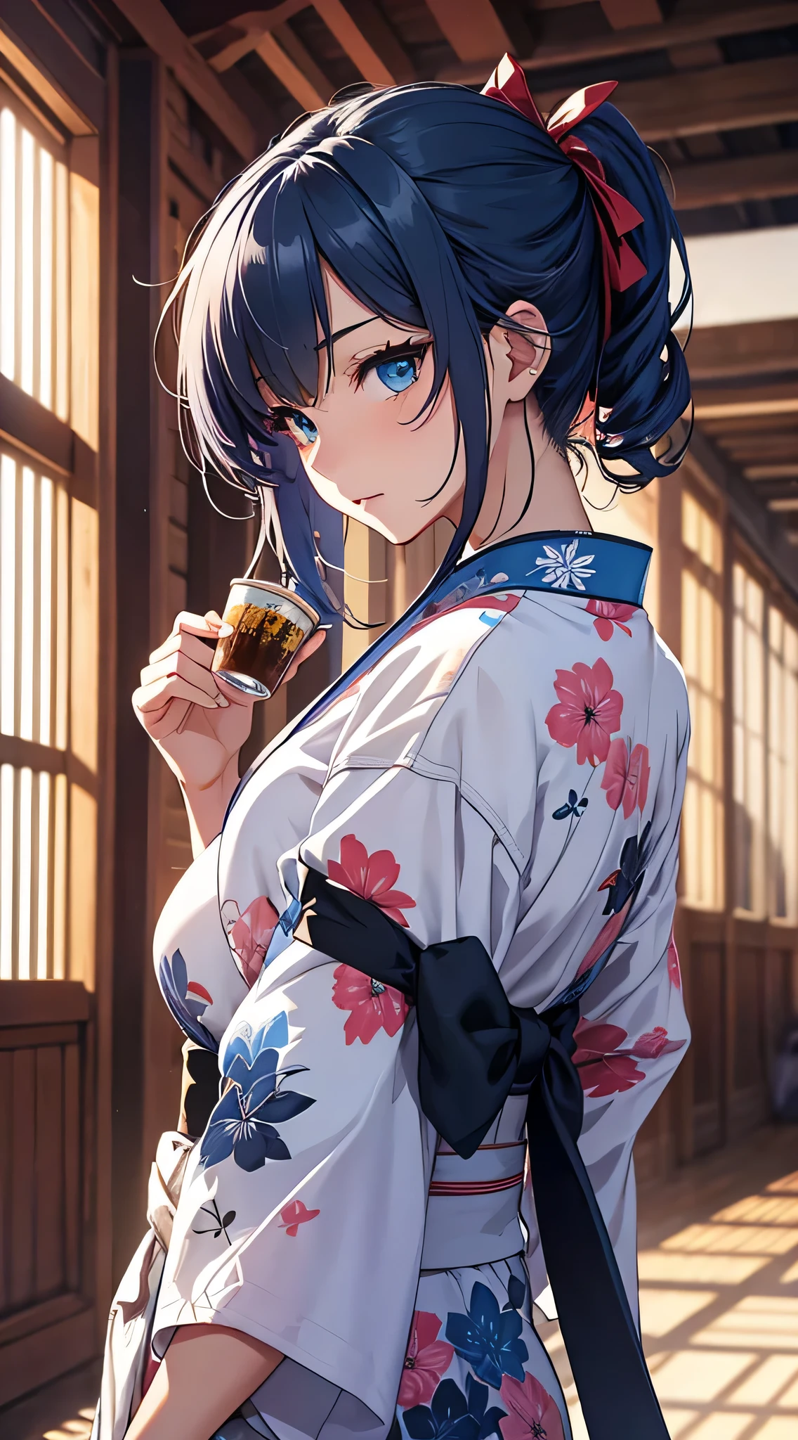 top-quality、Top image quality、masterpiece、teens girl((18year old、 Ager、Best Bust、Medium bust,wide open breast tea、light blue eyerest, Black and light blue hair、A slender,Large valleys、dye one's cheeks red、Black yukata、running motion、dash、Sweating、Splattering sweat)),hiquality、Beautiful Art、Background with((Inside the inn、Night Hostel、jpn、skyrocket))、masutepiece、depth of fields、movie