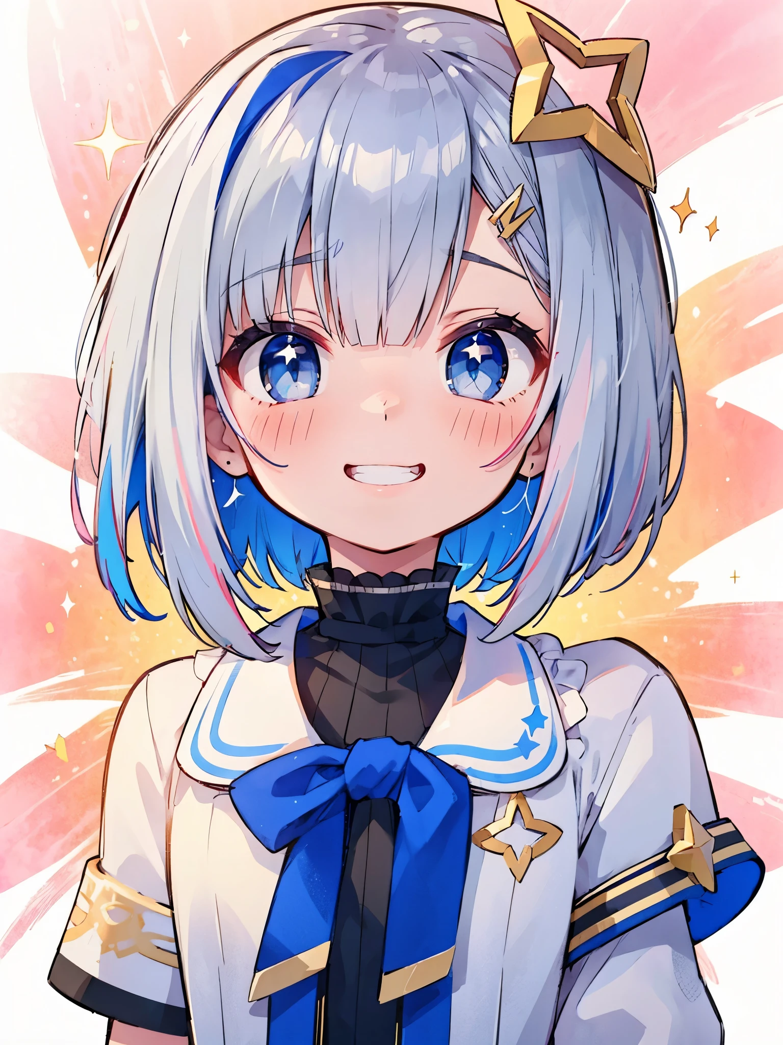 Silver short hair, star on head, blue eyes, beautiful,  upper body, ((smug face)), blush, detailed eyes, sparkle eyes, grin