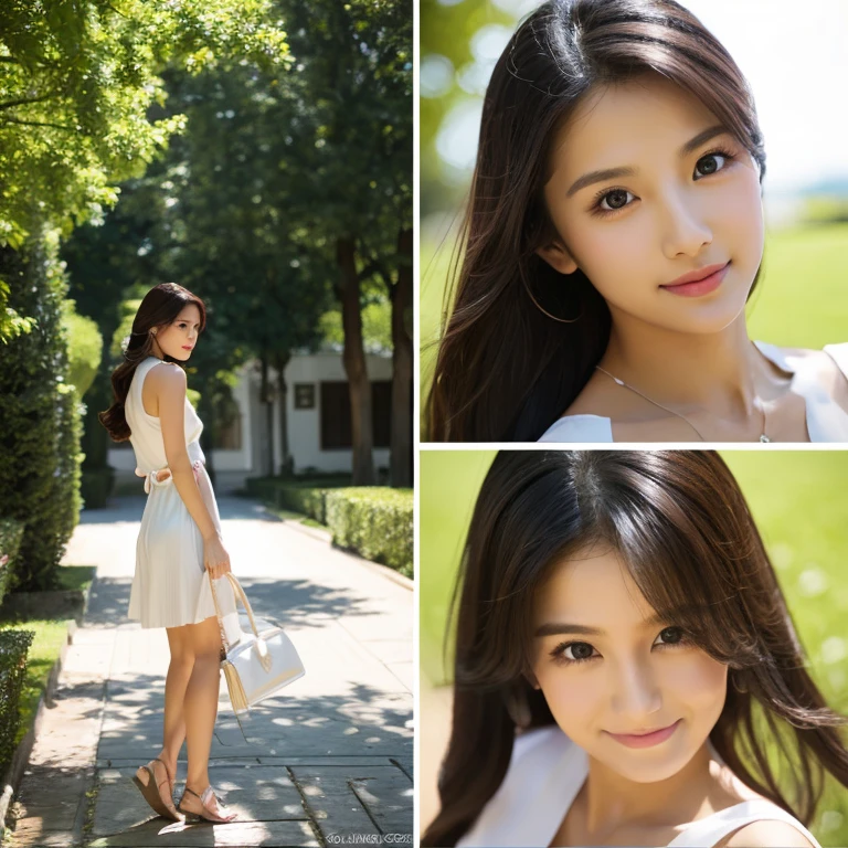 photography, garden house, Garden improvement location, Small bikini , white blazer, smile , 19 year old college girl, lovely young woman, beautiful girl, Korean model, white, Healthy skin, delicate eyes,  Double eyelids, earring, flower crown, full body photo, realistic hand, realistic fingers, detailed hands, Finger details