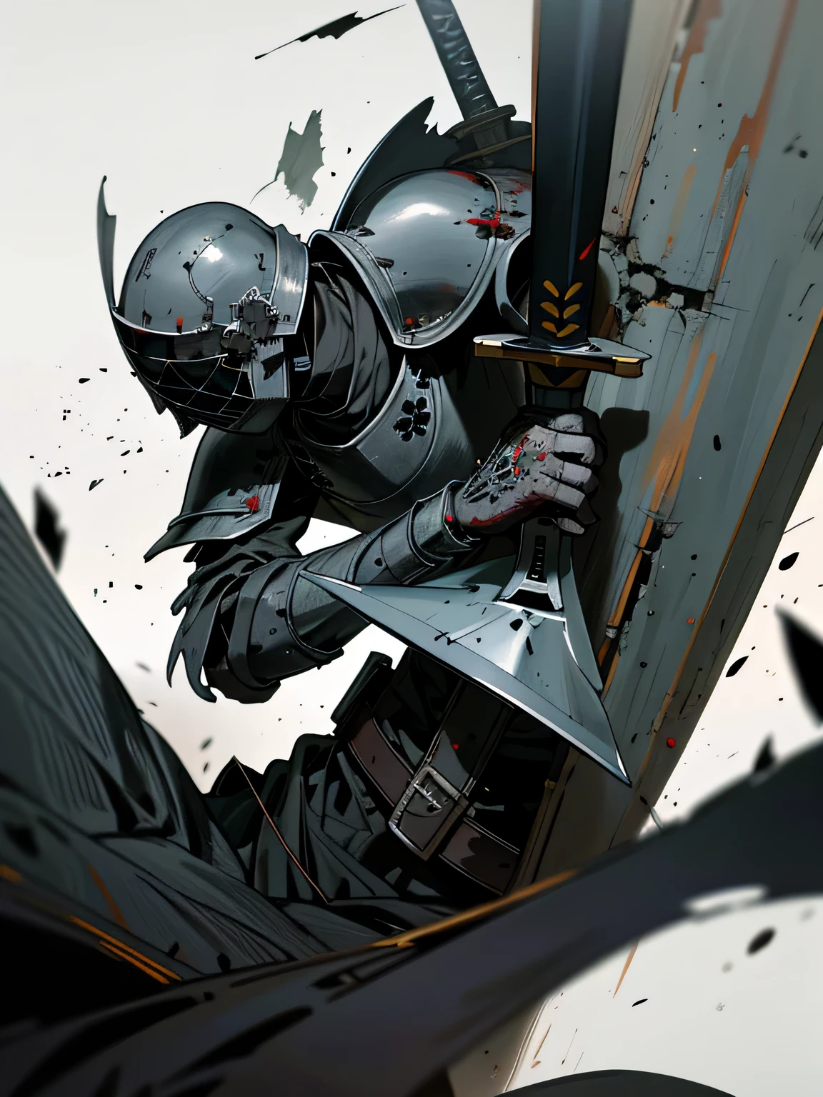 (Dark art), (Hopeless art), dark anime medieval soldier, broken soldier, holey helmet, black wounds, crashed armor, closed clothing, Broken Sword, sword broken in half, ash, abandoned battlefield, highly detailed art