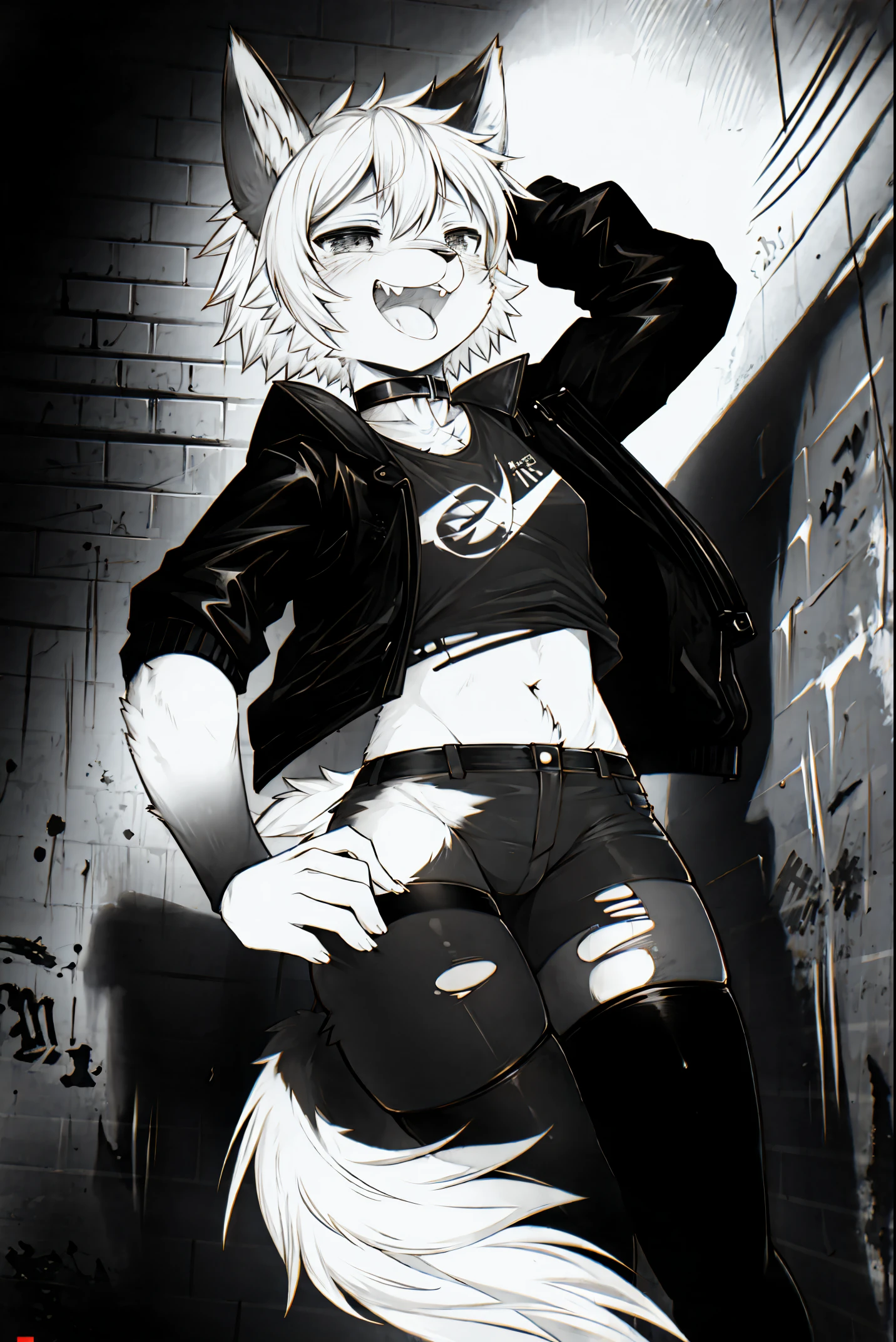 cover page, highres, top quality, best quality, paid reward available, unparalleled masterpiece, perfect artwork, absurdres, High-quality illustrations, laughing, perfect anatomy, lineart, monochrome, 1girl, kemono, furry, anthro, choker, shirt, torn legwear, open jacket, against wall, brick wall, graffiti, dim lighting, alley, dynamic angle,