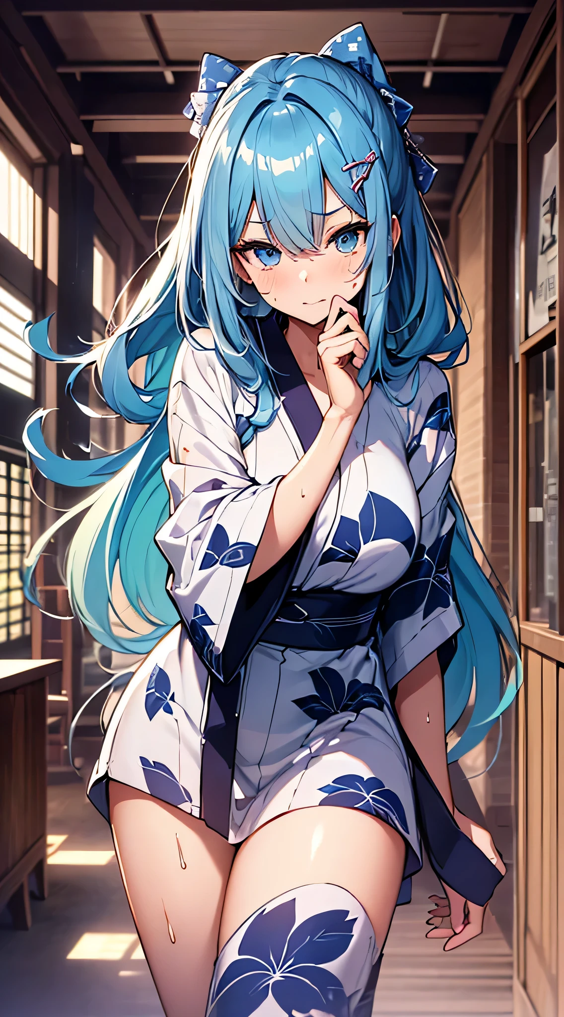 top-quality、Top image quality、masterpiece、s girl((18year old、 Ager、Best Bust、Medium bust,wide open breast tea、light blue eyerest, Black and light blue hair、A slender,Large valleys、dye one's cheeks red、Black yukata、running motion、dash、Sweating、Splattering sweat)),hiquality、Beautiful Art、Background with((Inside the inn、Night Hostel、jpn、skyrocket))、masutepiece、depth of fields、movie