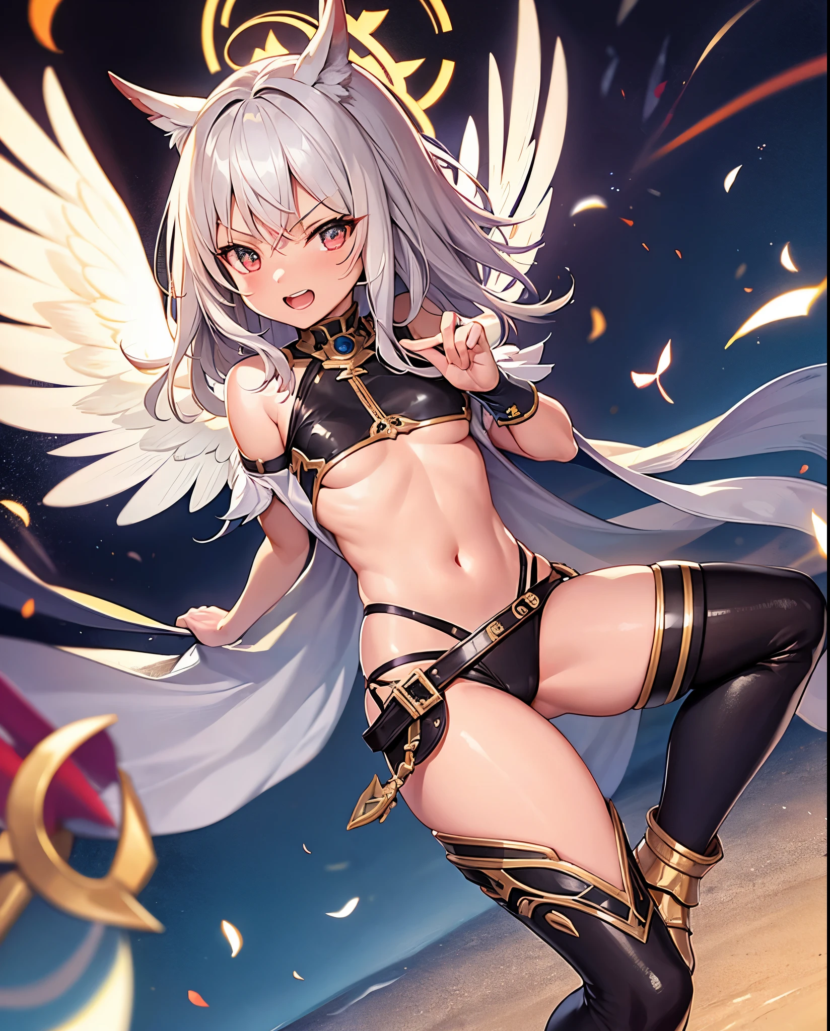 fantasy, 1angel_girl,child, loli,brown_hair, medium_bob_hair, long_bangs, halo,bare_shoulder,thighhighs,silver_armor, waist_armor, large_breasts,angry,grinning,open_mouth_teeth, 1pair_wings, dynamic_pose_fighting,floating, bare_crotch, headgear,gauntlet, greaves,city_sky_background,slightly_spread_legs, solo, groin_naked,dark_skin,