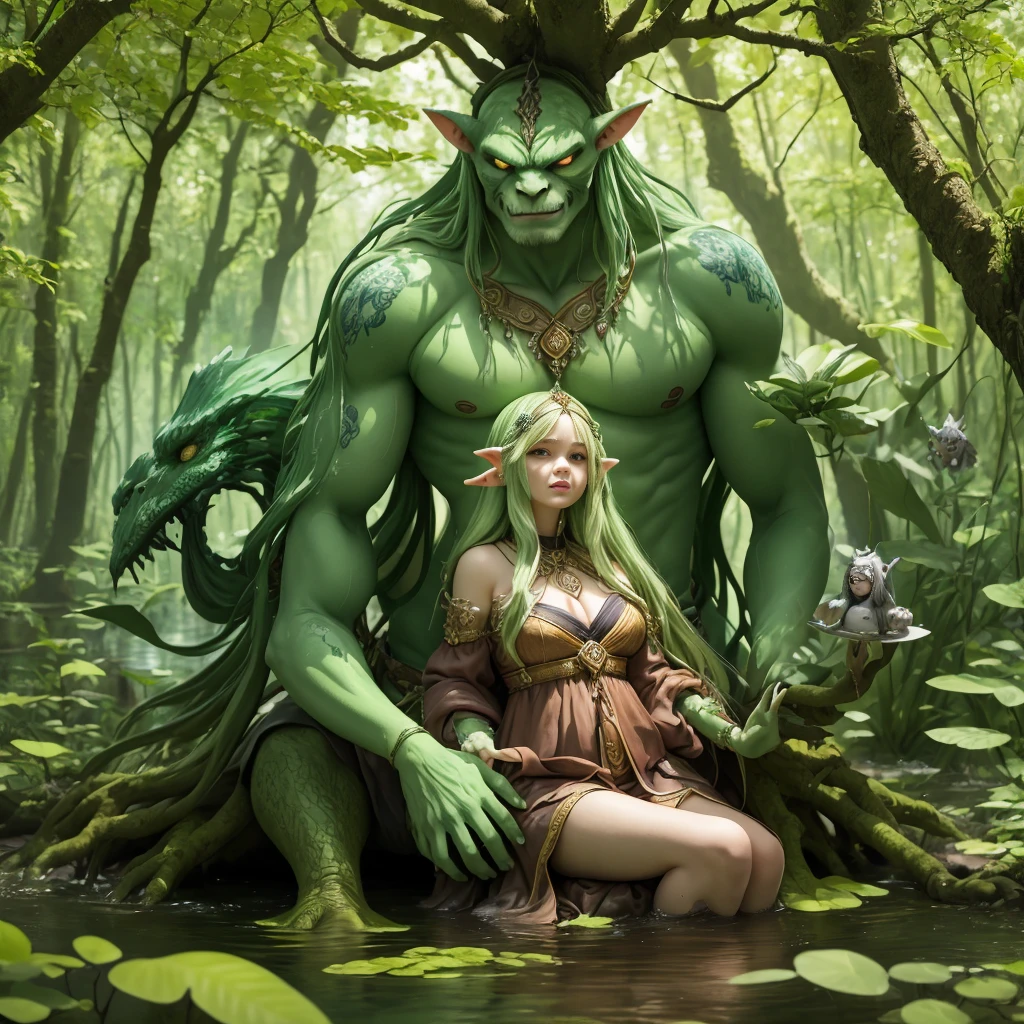 ((Best Quality)), ((Masterpiece)), (Reality)) , earth_spirit, melting_heart, bigbadejo alien_monster,, whole body, a man and a woman, beauty and beast, sitting on the root of a tree, in the water there is a male beast with fierce and ferocious eyes snuggled up to a beautiful female elf, slender, fierce, ugly, splashing, in the forest, masterpiece, 8k, --v6