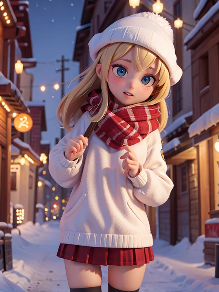 Winter snow city night view best quality female high school student 18 years old wearing scarf