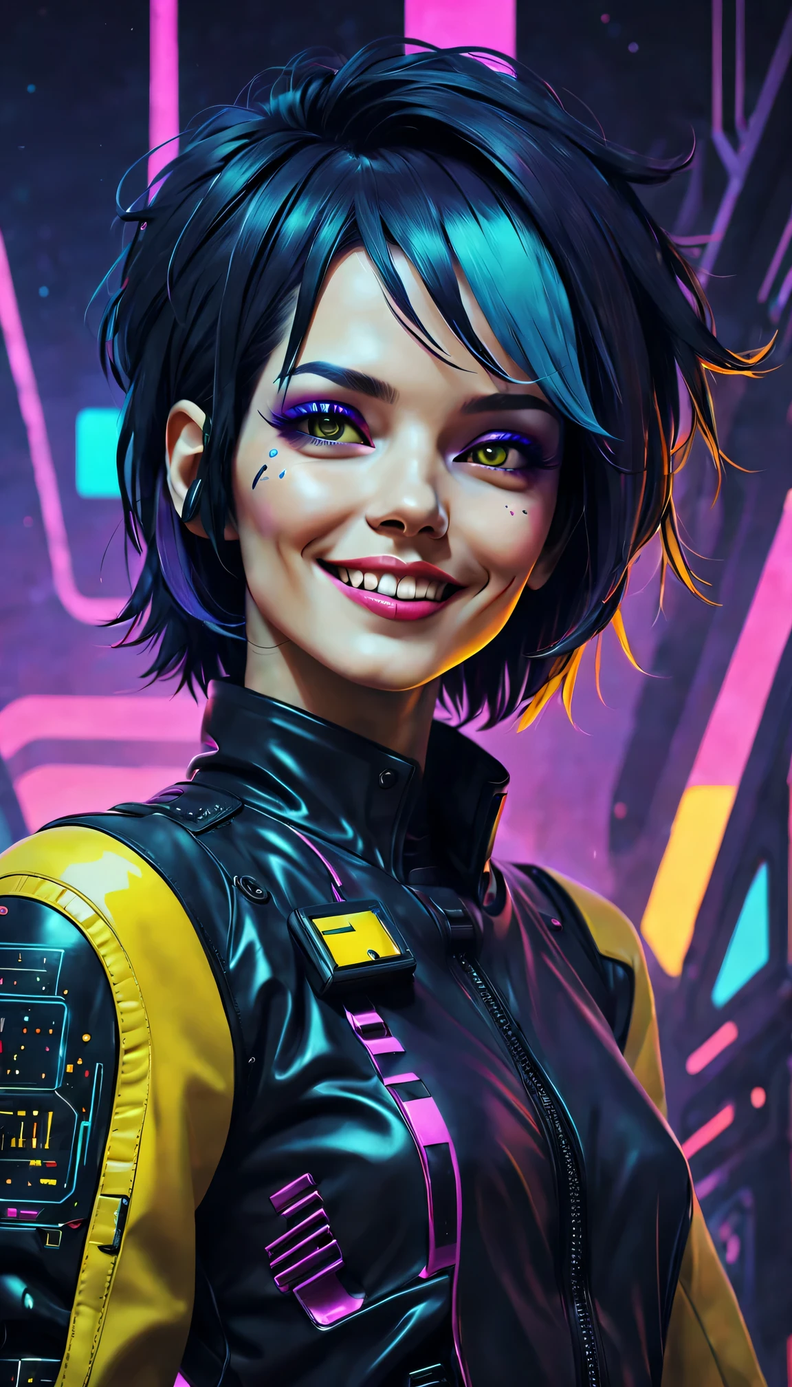 Starry sky and zodiac signs, Nebula-like purple hue, Vast space, cyber punk personage底部的城市, Lighting, (1 Lady), (grin face),( Background with:black and yellow Background with1.4), (RHAD:1.2), (artistic décor:1.4), (Retro-Future:1.4), (maximalist:1.4), (Clean:1.4), (Flat_colours:1.4), (cyber punk personage,Android:1.4), CCDDA art style