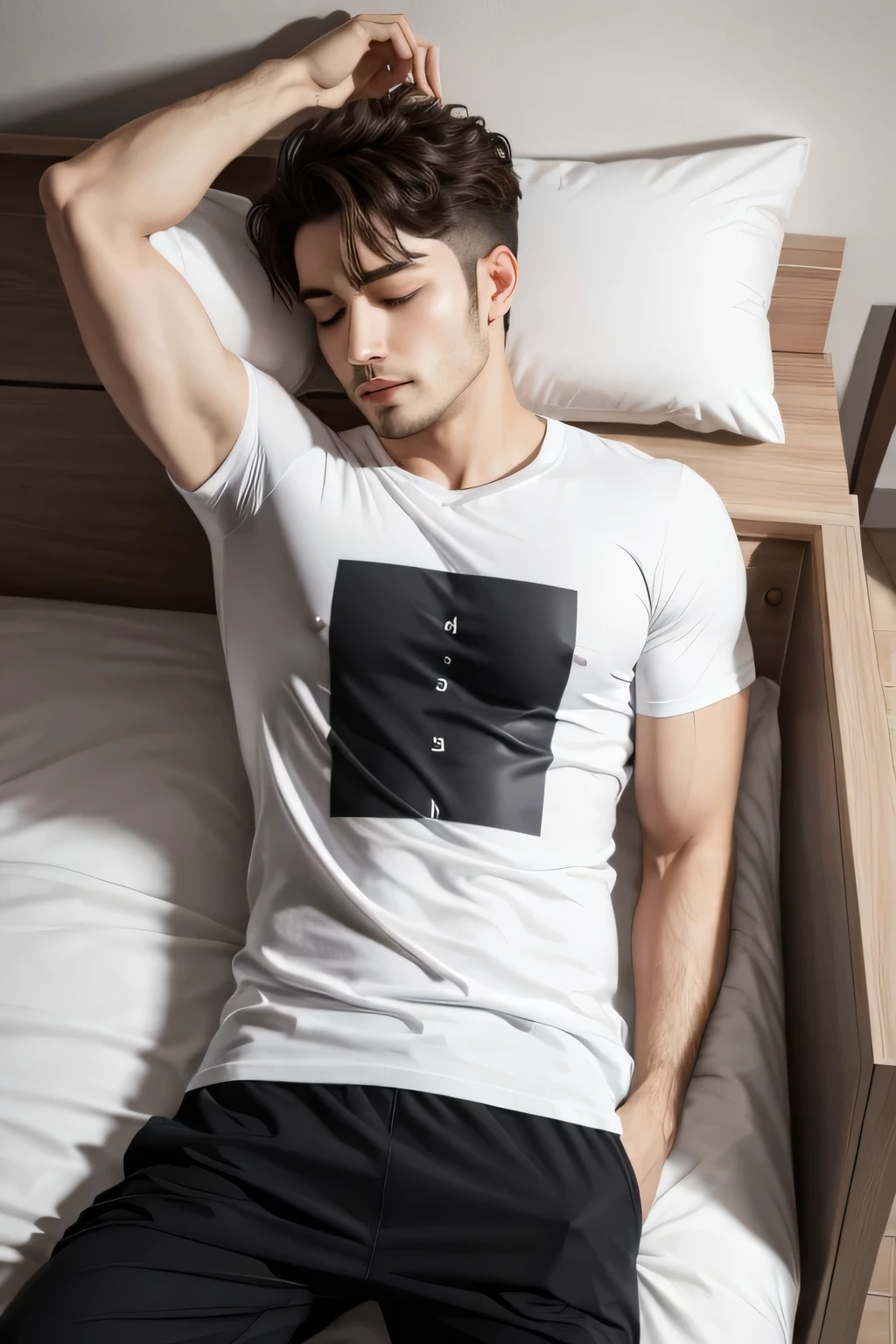 the man sleep at bed , clothes t shirt