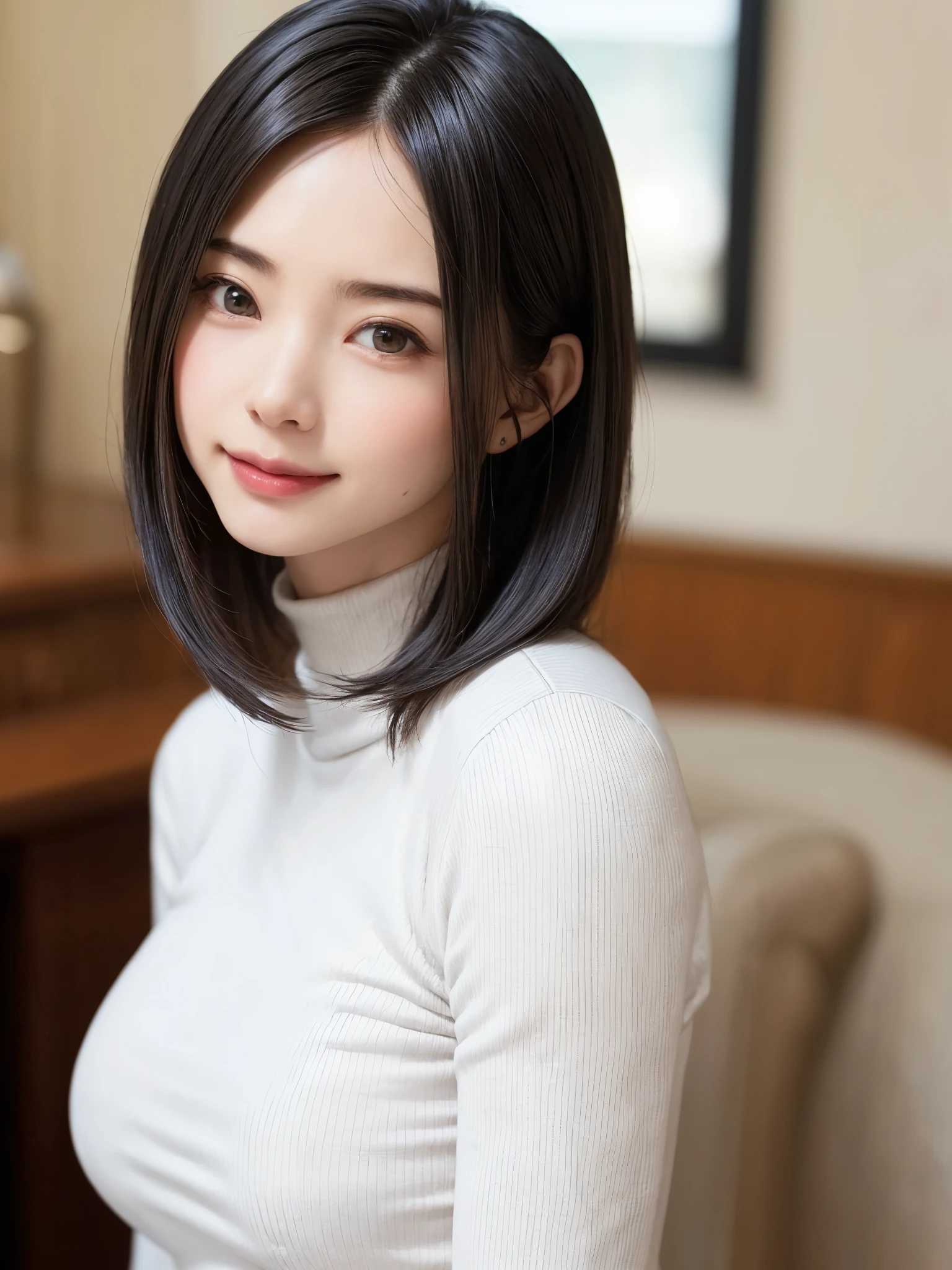(masutepiece, top-quality、high-detail:1.4、Very attractive beauty、Add intense highlights to the eyes、Look firmly at the camera:1.4、A beautiful woman full of charm、Ideal ratio body proportions、Perfect Anatomy、Brunette Short Bob Hair、Lustrous hair、bangss:1.4、光沢のあるbangss:1.4、lipgloss),1girl in, report, Light brown shiny hair, muffler,realisitic, looking at the viewers、Tilt your head slightly, Bright colored crystal light blue eyes, short shiny hair、 White turtleneck outfit with a hole in the center of the chest,Sexy white turtleneck knit sweater with a round hole in the middle of the chest、 s lips, lipgloss, The upper part of the body、big eye、Lashes、A little red in the face、Embarrassing)、((italian road in winter))、((short hair with big eyes、Put very strong highlights in your students、{Gigantic|Big|Huge|Mega} breasts:1.4、very Bigger breasts、gazing at viewer、Very beautiful beauty、Put your ears out、long neck、little smiling、Beautiful teeth、Open your mouth and smile、Heart-shaped pupil))、28 year old、Very cute supermodel、