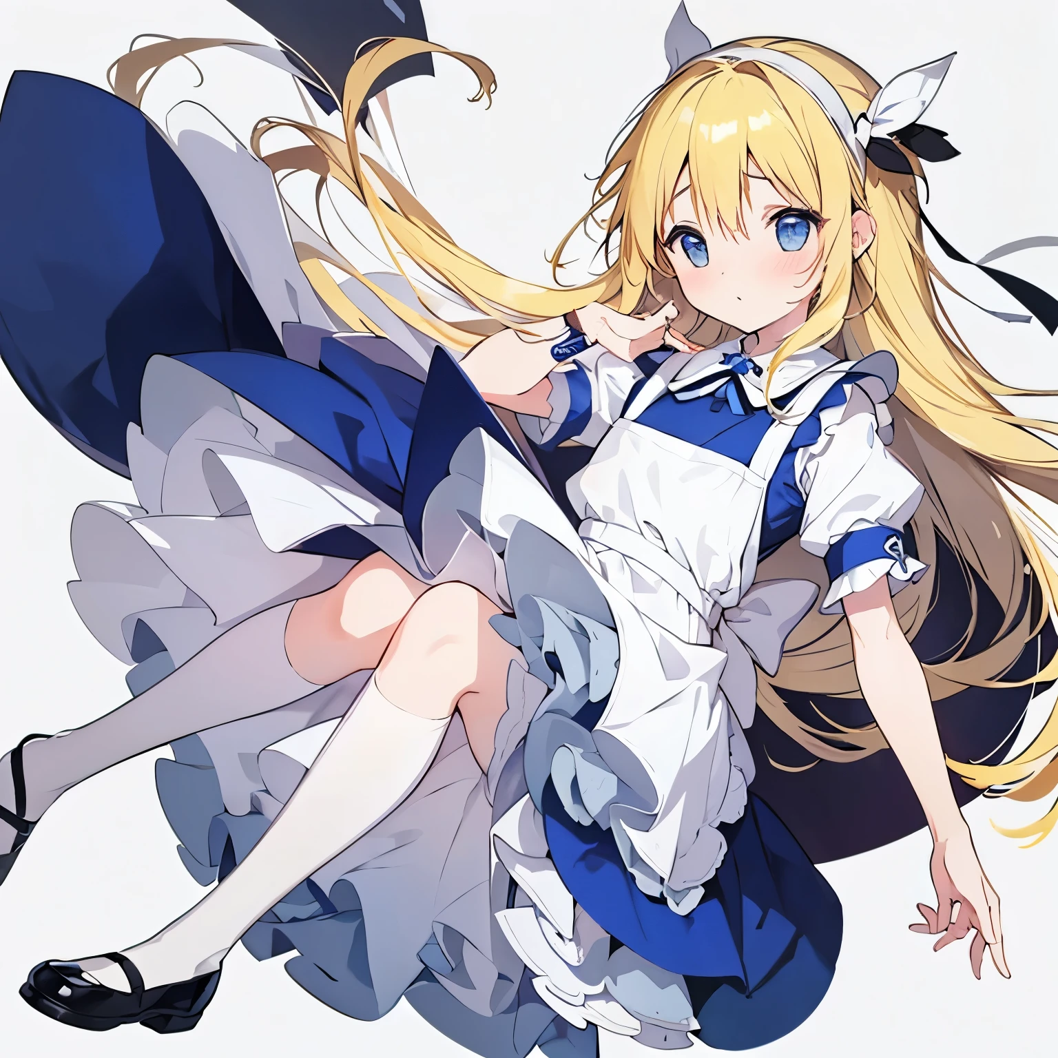 【Highest Quality, masutepiece】  [1 girl in, expressioness, (blonde hair:1.5), long hair, dress, (blue eyes:1.3), white legwear, apron, hairband ribbon, blue dress, shoes, short sleeves, saucer, black footwear, Upper body] (Gray white background:1.7), Surprised,