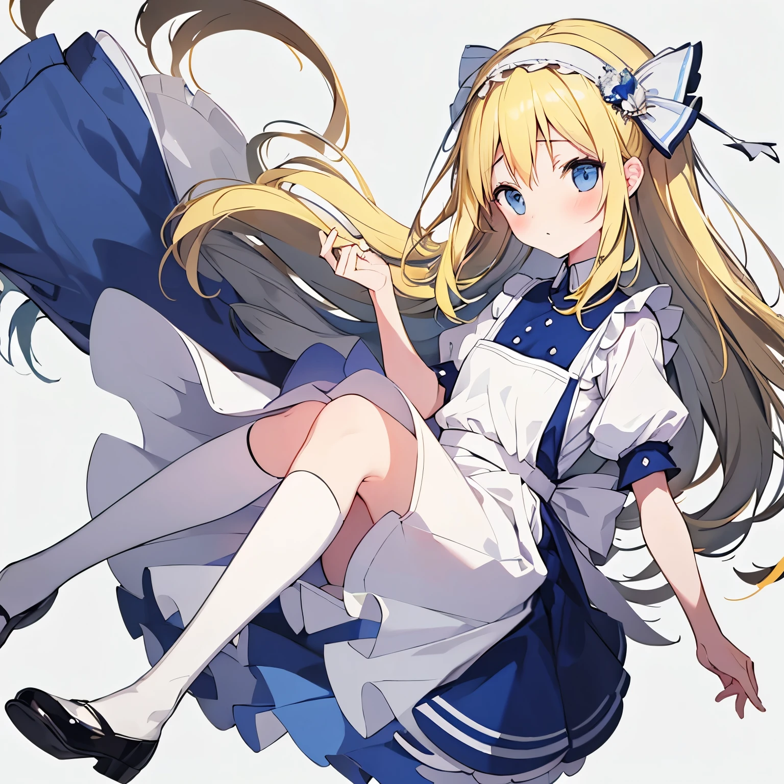 【Highest Quality, masutepiece】  [1 girl in, expressioness, (blonde hair:1.5), long hair, dress, (blue eyes:1.3), white legwear, apron, hairband ribbon, blue dress, shoes, short sleeves, saucer, black footwear, Upper body] (Gray white background:1.7), Surprised,