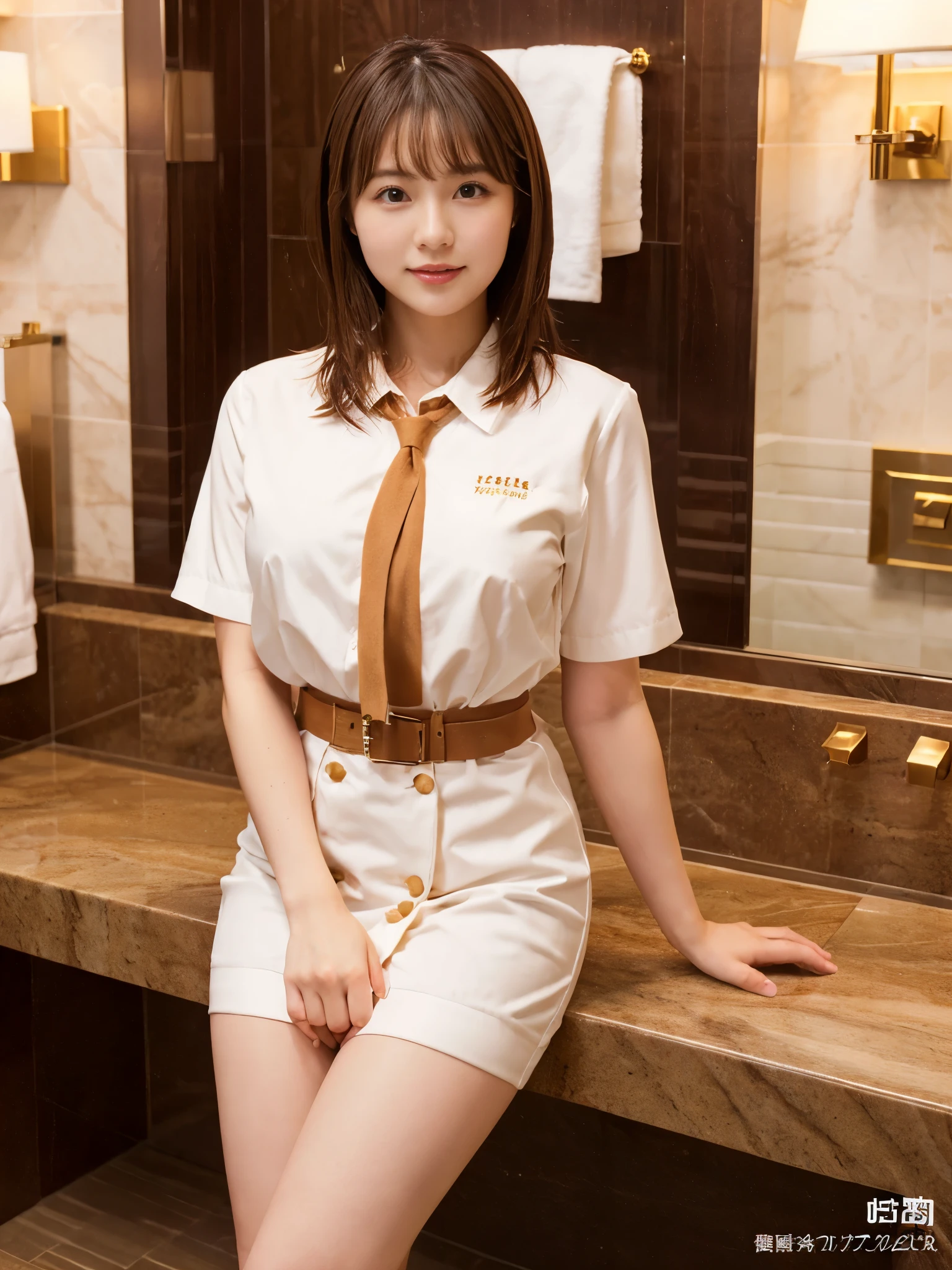 Cabin Attendant Uniform、Colossal tits、25-year-old gravure idol、short brown hair、 Look、shiny thighs、Looking at the camera、Shower room at a luxury resort hotel