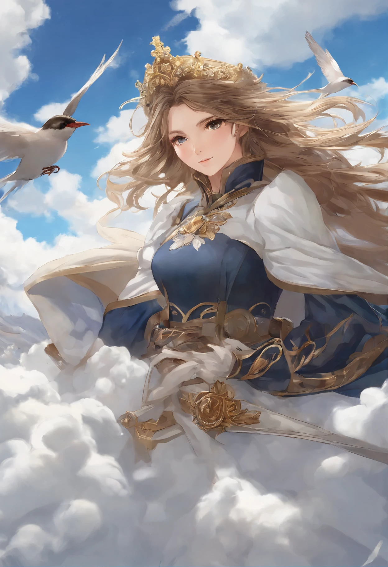 close-up of a swallow, Santa Claus walks on the clouds, fluffy clouds, shaggy clouds, casimir art, shigenori soejima illustration, boris valejo. Swallow girl, detailed anime character art, detailed key anime art, Granblue Fantasy, Beautiful swallow in demon slayer art, Taisho Roman, crisp clear rpg portrait, Masamune Shiro, key anime art