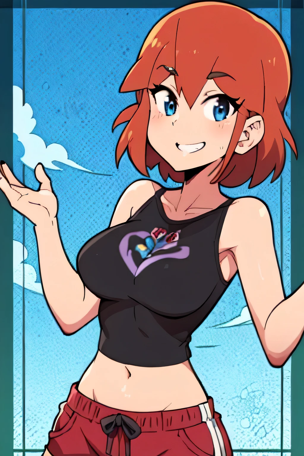 Orange hair, Blue eyes, Short hair, Looking at Viewer, Upper body, Standing, Short shorts, Red shorts, Black shirt, Midriff, T-shirt, Smile, 牙, masutepiece, Best Quality,