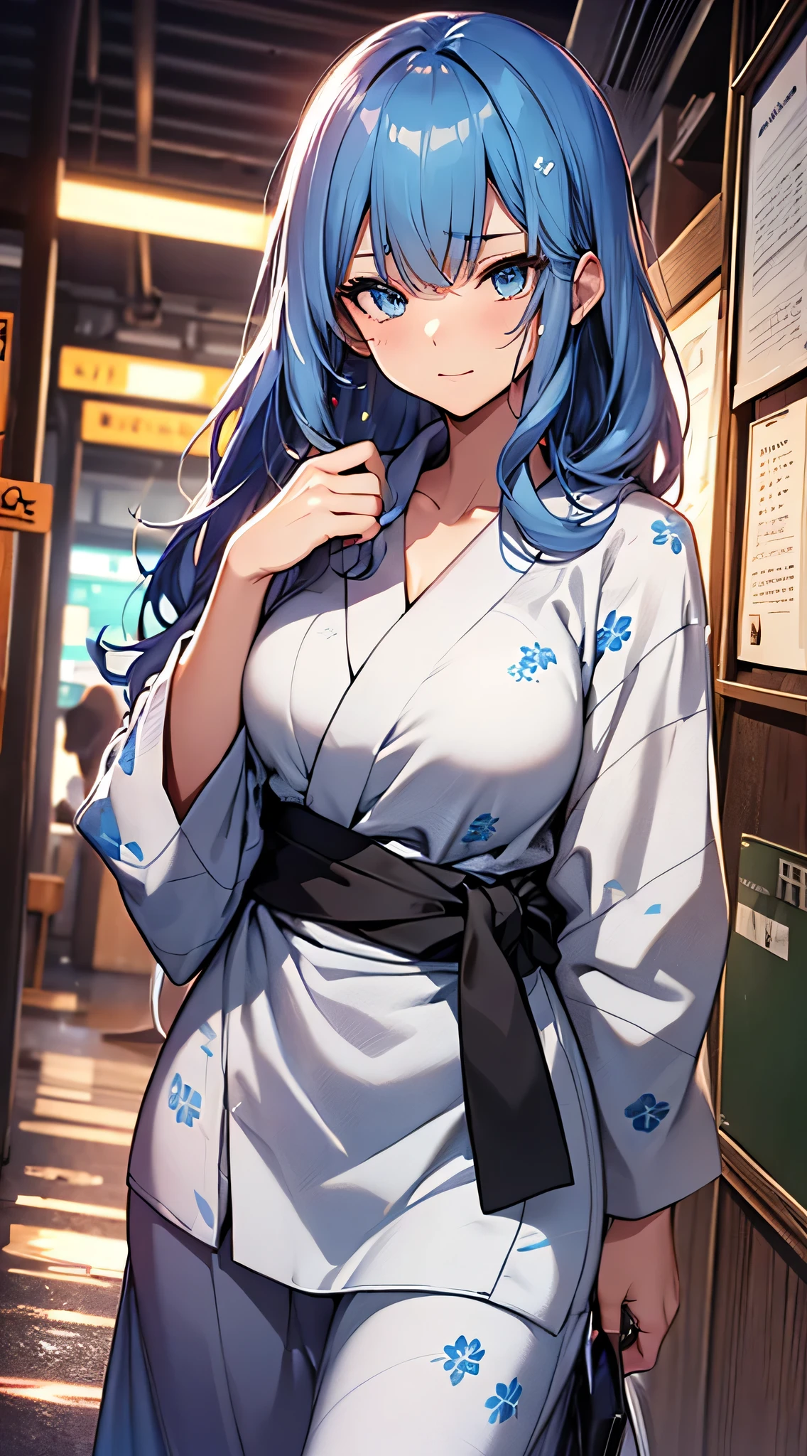 top-quality、Top image quality、​masterpiece、teens girl((18year old、 Ager、Best Bust、Medium bust,wide open breast tea、light blue eyerest, Black and light blue hair、A slender,Large valleys、dye one's cheeks red、Black yukata、running motion、dash、Sweating、Splattering sweat)),hiquality、Beautiful Art、Background with((Inside the inn、Night Hostel、jpn、skyrocket))、masutepiece、depth of fields、movie