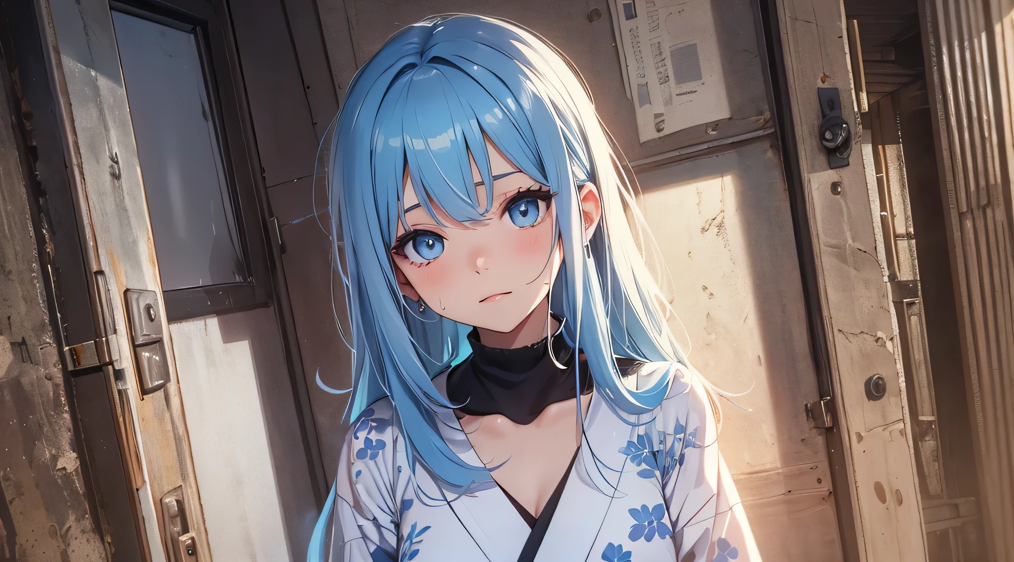 top-quality、Top image quality、masterpiece、s girl((18year old、 Ager、Best Bust、Medium bust,wide open breast tea、light blue eyerest, Black and light blue hair、A slender,Large valleys、dye one's cheeks red、Black yukata、running motion、dash、Sweating、Splattering sweat)),hiquality、Beautiful Art、Background with((Inside the inn、Night Hostel、jpn、skyrocket))、masutepiece、depth of fields、movie
