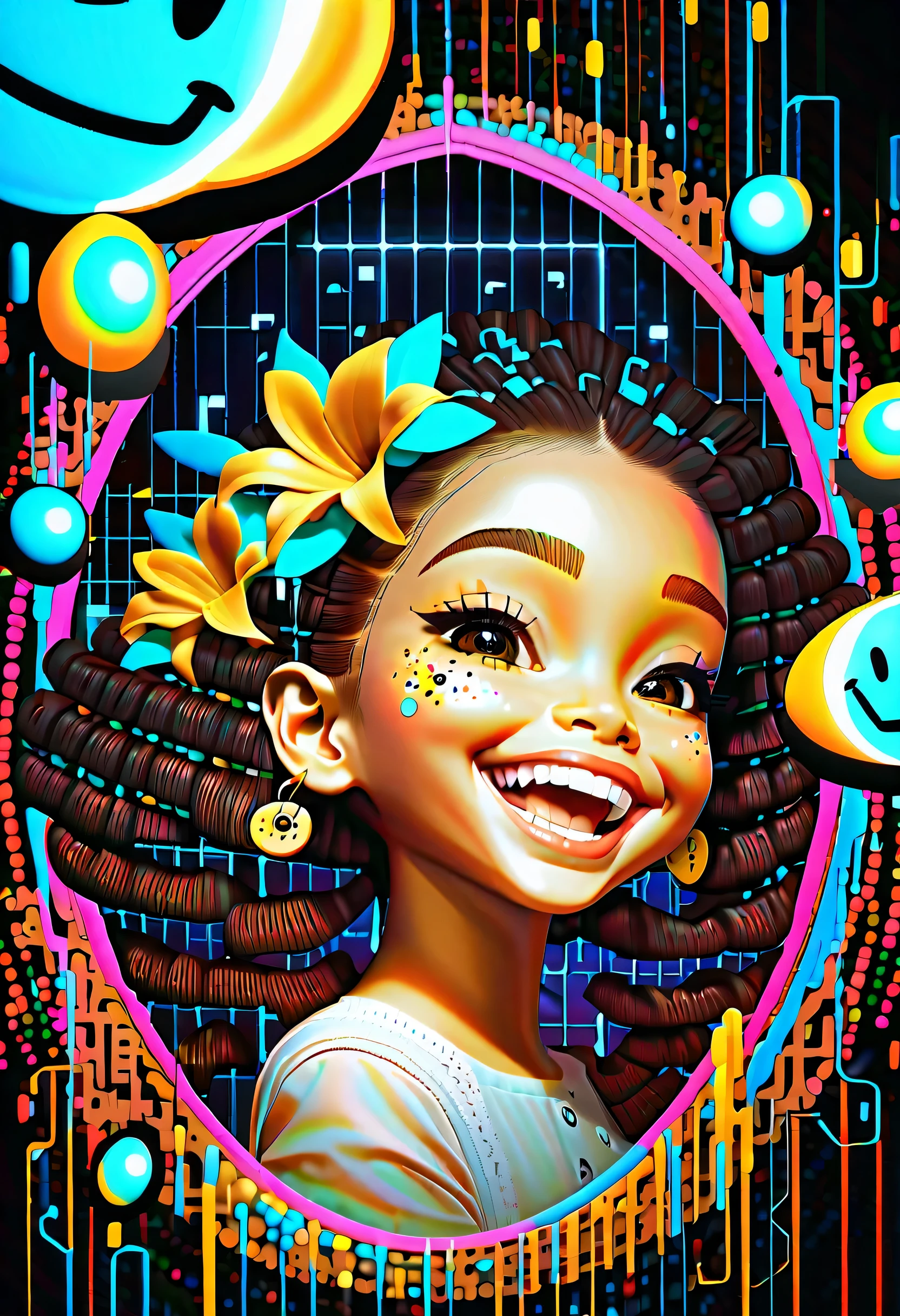 true evil, Laughing smile, Holographic elements doodle background, Baroque background, Dynamic Angle, (((With digital matrix code:1.3))), style code=df666, Complex insane details, Rich colors, true masterpiece, Framed with white sparkle, dark fantasy style, Flowers, apples, Beauty, Glitter, intricate detail airbrush, Realistic,