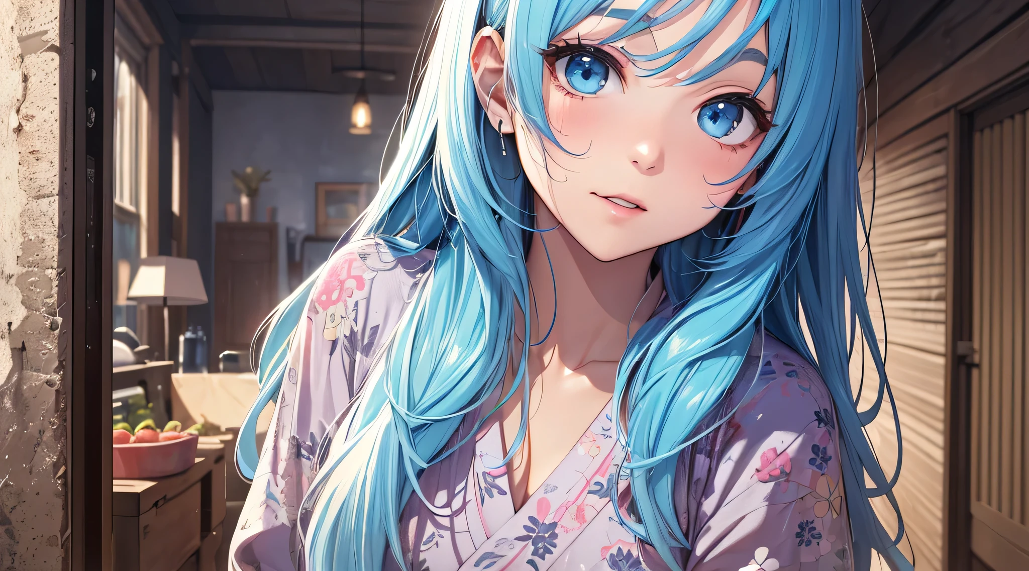 top-quality、Top image quality、masterpiece、teens girl((18year old、 Ager、Best Bust、Medium bust,wide open breast tea、light blue eyerest, Black and light blue hair、A slender,Large valleys、dye one's cheeks red、Black yukata、running motion、dash、Sweating、Splattering sweat)),hiquality、Beautiful Art、Background with((Inside the inn、Night Hostel、jpn、skyrocket))、masutepiece、depth of fields、movie