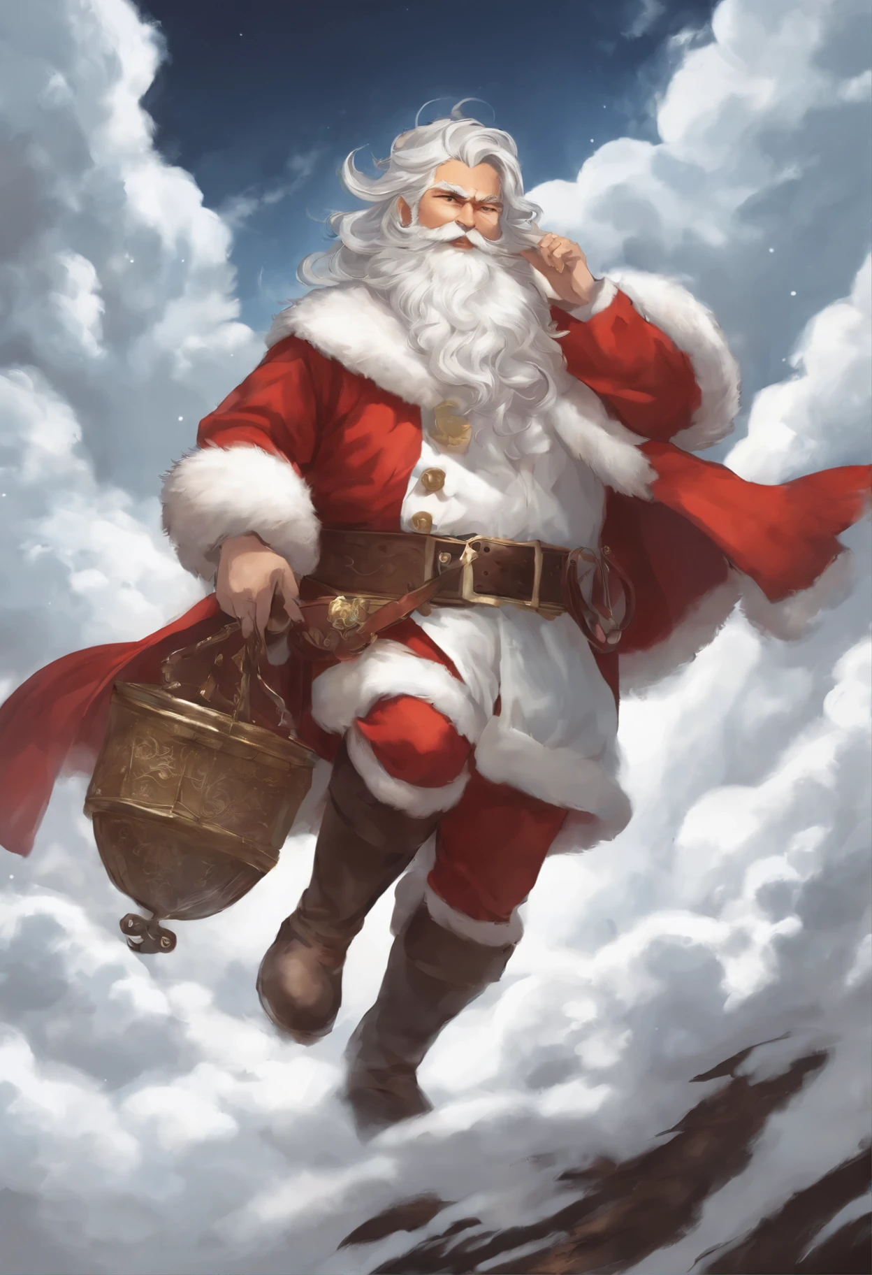 close-up of Santa Claus walking on the clouds, fluffy clouds, shaggy clouds, casimir art, shigenori soejima illustration, boris valejo. Santa Claus, detailed anime character art, detailed key anime art, Granblue Fantasy, scary Santa Claus in the art of the demon slayer, Taisho Roman, crisp clear rpg portrait, Masamune Shiro, key anime art