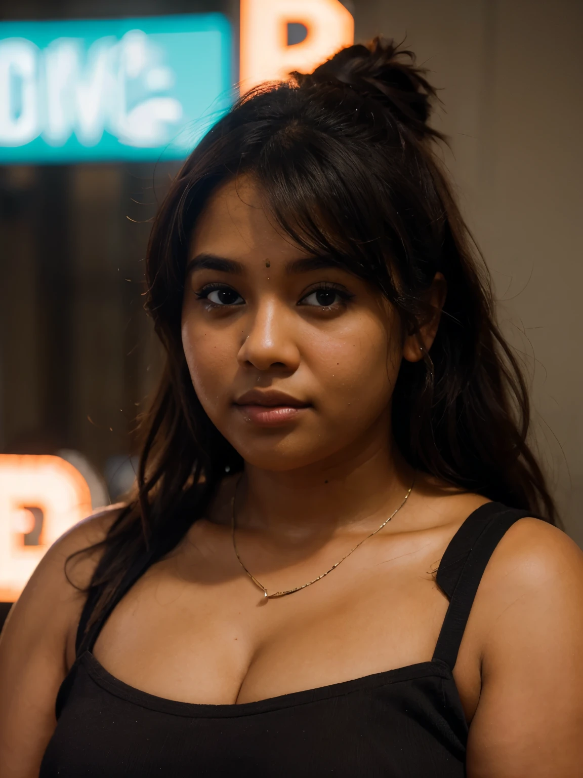 (realistic) (fully detailed) (blurred background)(neon) perfect face of a brown skin chubby girl