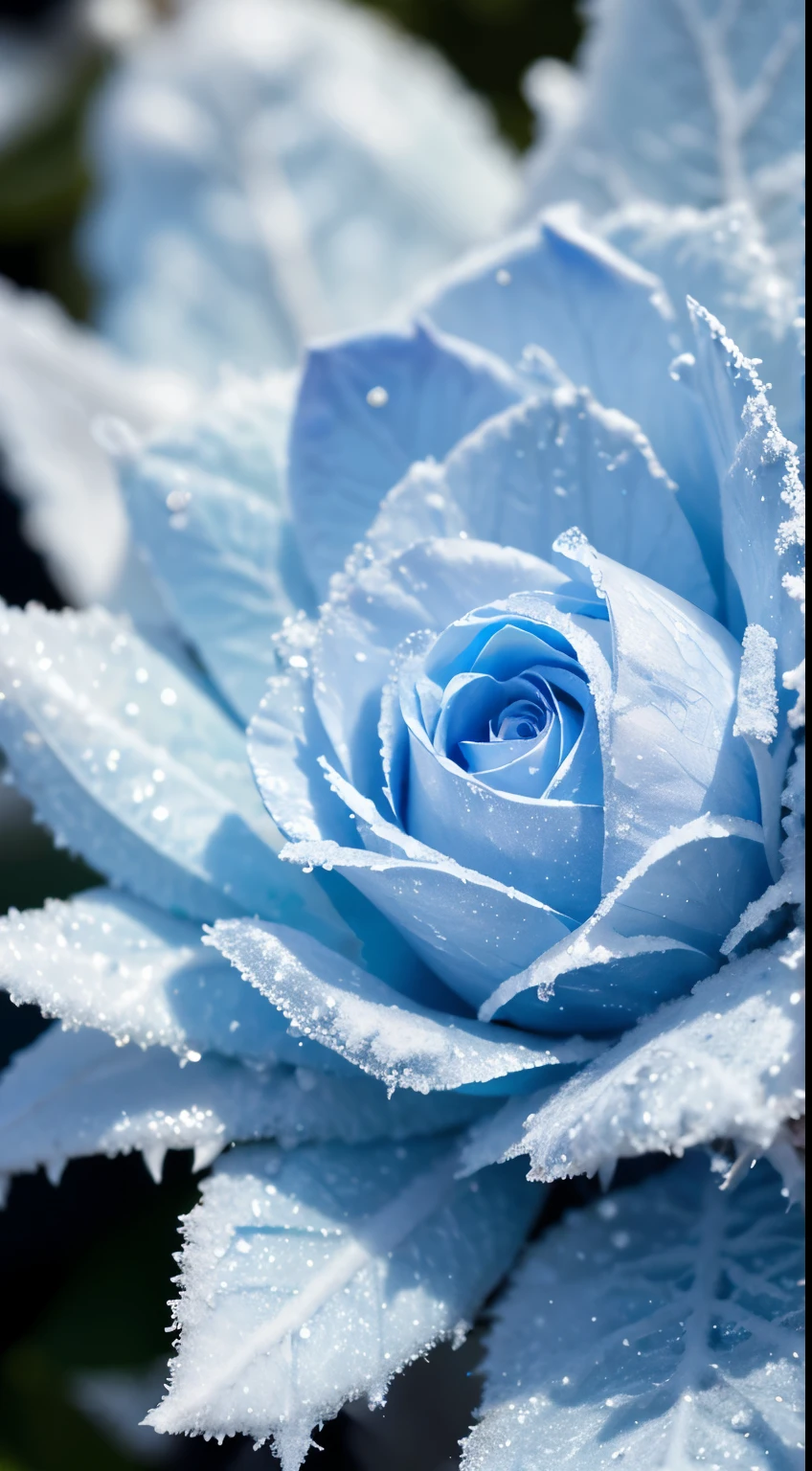Close up of frozen roses in a snowy garden,starry winter night,northern lights,detailed icy petals,frost-covered thorns,shimmering snowflakes,delicate frozen dew,subtle color gradients,glistening frost on petals,