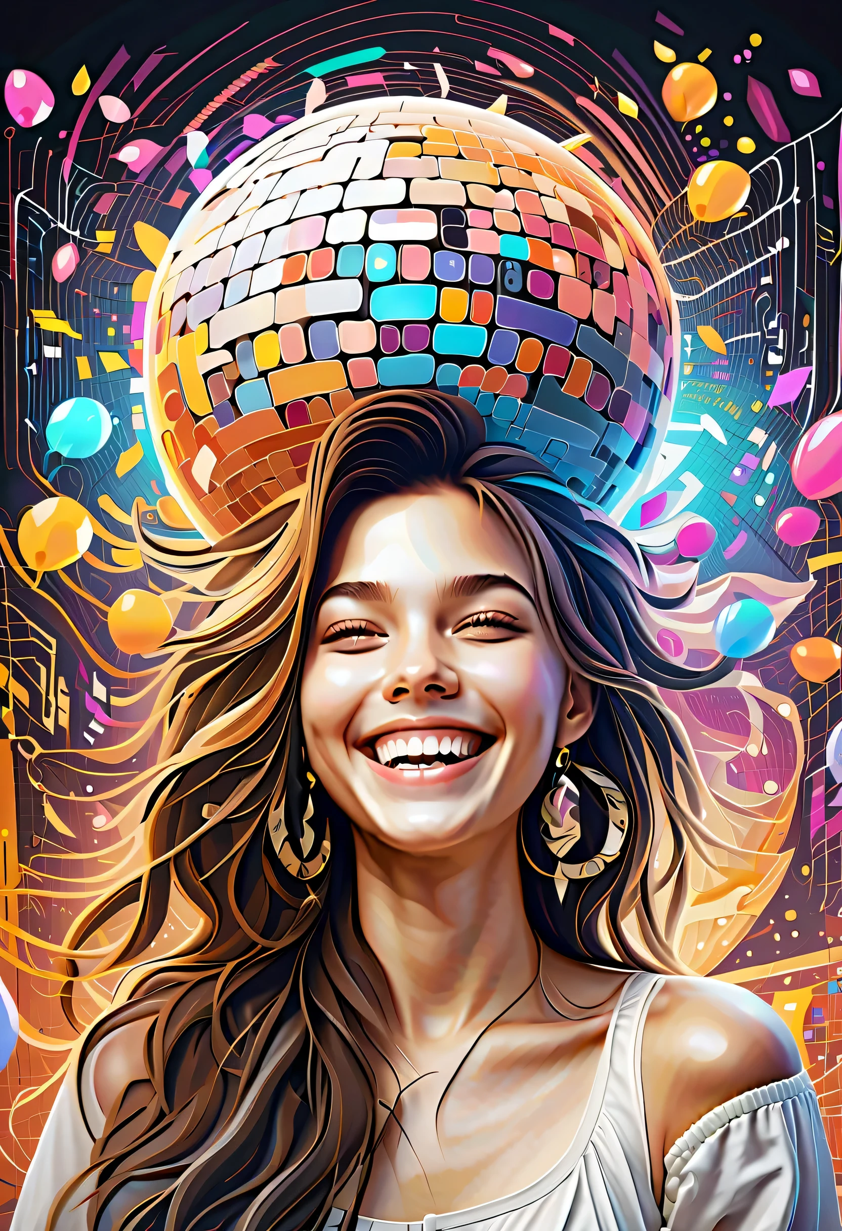 Cute girl head, (((Laughing smile:1.1))), Digital element doodle background, Baroque background, Dynamic Angle, (((With digital matrix code:1.2))), ?, Cute, beautiful fine hair, Complex insane details, Rich colors, true masterpiece, Framed with white sparkle, dark fantasy style, digital flower, the glow of the lamp, beautiful rain, glitter spherical ball, intricate detail airbrush, Realistic, Stunning 16K fine rendering,