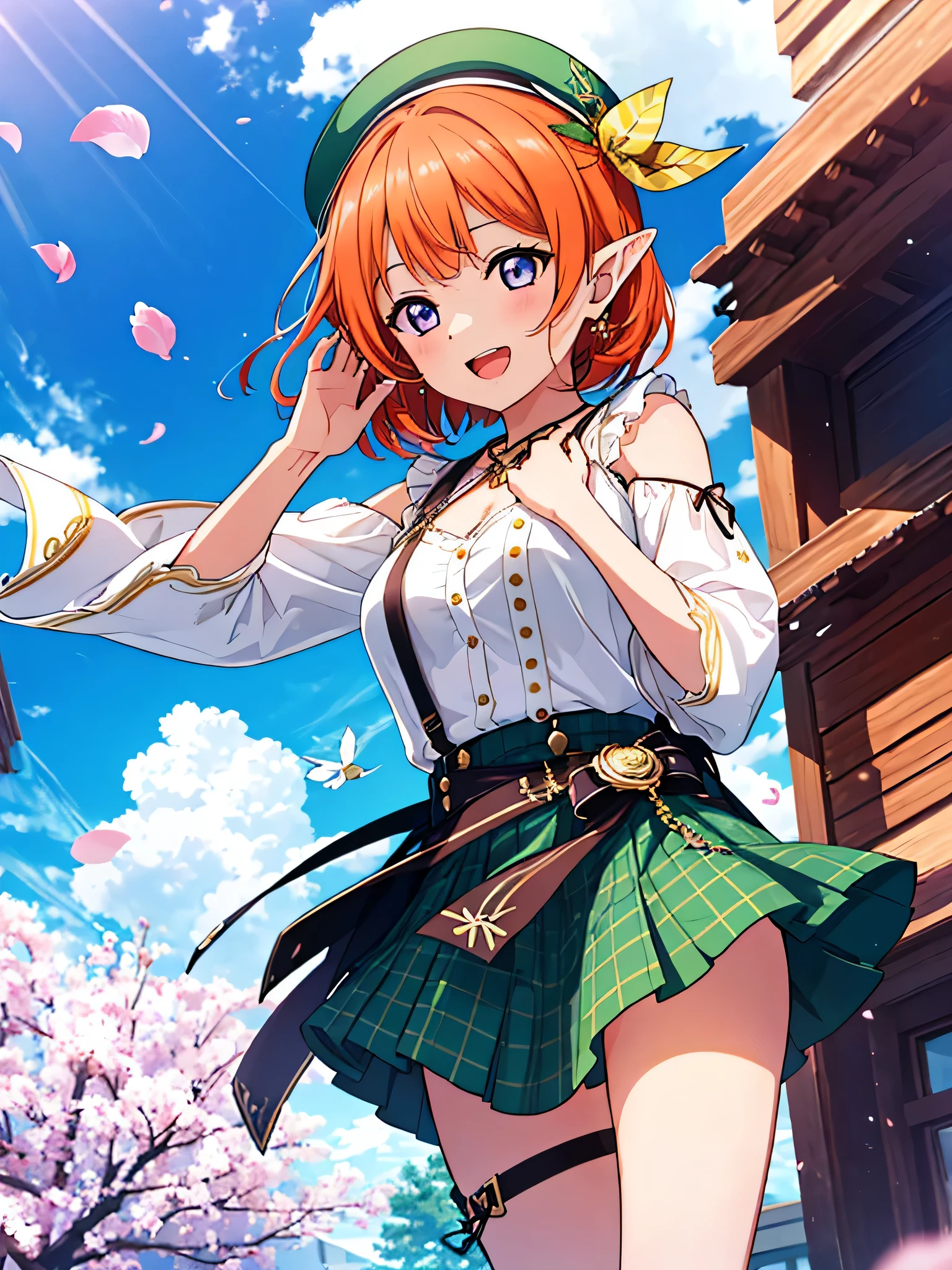 Hide hands, {{{{{One girl}}}}}, {Purple eyes},Beautiful detailed girl, GameCG, 发光, spring blossoms, 7headed body,1 curl on the outside, Elven ears,Short bob hair, big green hat,pastel orange hair, Purple eyes,stylish accessories solo, bustup, medium shoot, femele, takeout, A smile, Holding the microphone,Colossal tits,livestream,Green Idol Costume,dance,pastel green plaid mini skirt,Black Knee High, Opening Mouth, blue-sky, amazing, Beautiful detailed eyes, Best Quality, Super delicate,masuter piece,Best Quality,(Official art、Best Quality、Unity 8k Wallpapers、32K、masterpiece、ultra-detailliert、超A high resolution、realisitic、Photorealsitic:1.2)、(Cinematic lighting:1.2)、Fireglow effect、The grainiest shadow of the film、side lights、sideshot、(ultra-detailliertで複雑な3Dレンダリング)、Atelier Series,GenshinImpact,Koi,Smaller face,ラブlivestream!