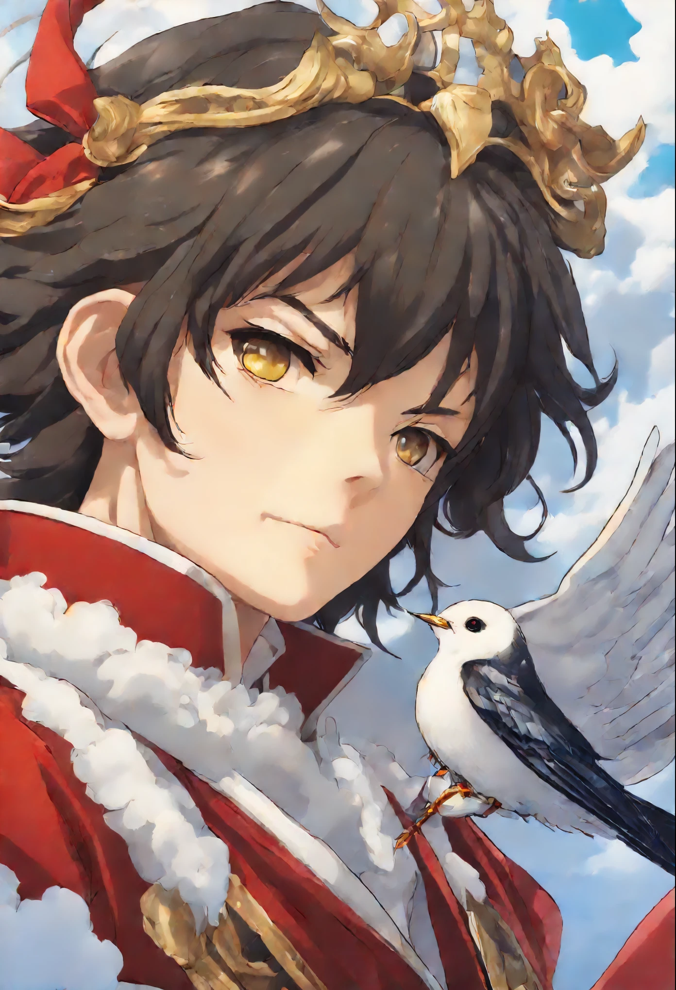 close-up of a swallow, Santa Claus walks on the clouds, fluffy clouds, shaggy clouds, casimir art, shigenori soejima illustration, boris valejo. Swallow girl, detailed anime character art, detailed key anime art, Granblue Fantasy, Beautiful swallow in demon slayer art, Taisho Roman, crisp clear rpg portrait, Masamune Shiro, key anime art