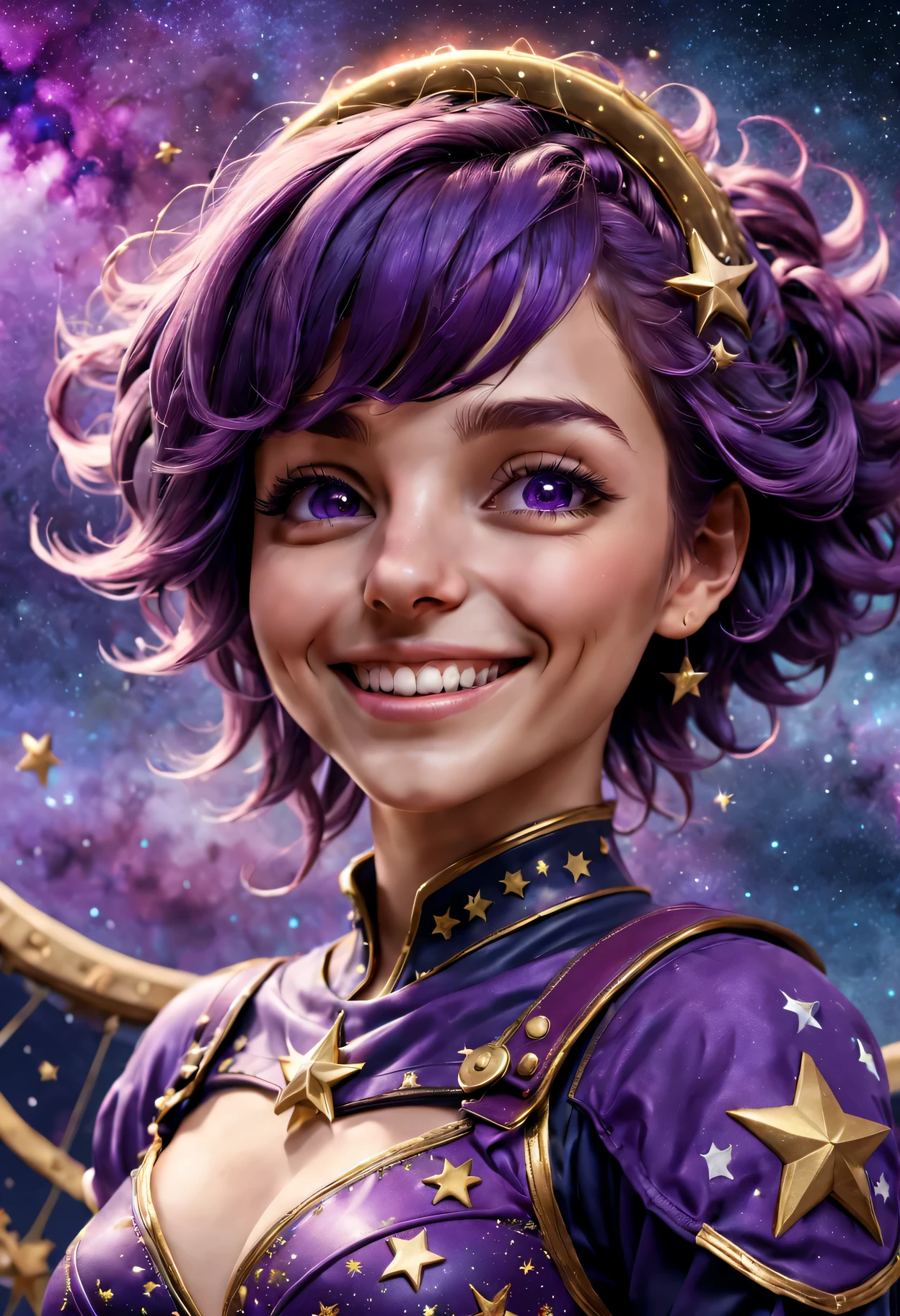 nwinkpunk, 1 italian girl, tmasterpiece, Best quality, (grin face), close up, Background with: Starry sky and zodiac signs, Nebula-like purple hue, Vast space, Award-Awarded, (high detal), Sharp, 8K, Popular topics on artstationh, iintricate