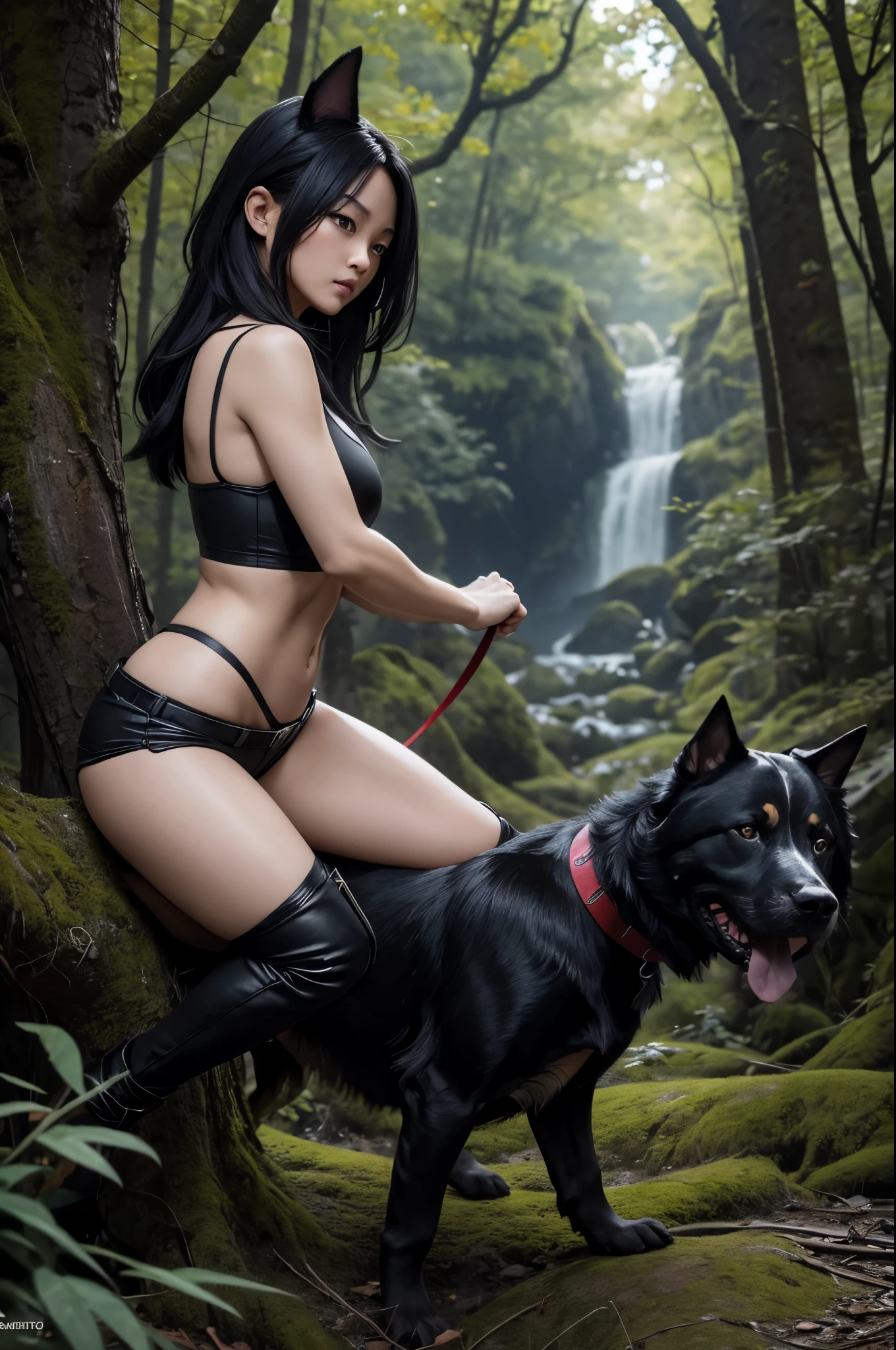 8K,40-year-old middle-aged woman,Female dog girl wearing black clothes, 黒と白のモヒカンヘアの髪を持つenticingな女の子, Fantasyart, 40 year old woman with mature dog, wojtek fus, 黒と茶色のA sexyな衣装を着ている, Chiquita, Trending on CGSTATION,in woods,Rugged look,black and shorts,enticing,超A high resolution,real looking skin,combat scene,action scene,actionpose,emit an aura from the body(Dragon Ball style)irate,emit,A sexy,View here,long dog nails,Dog personification,dog ears,