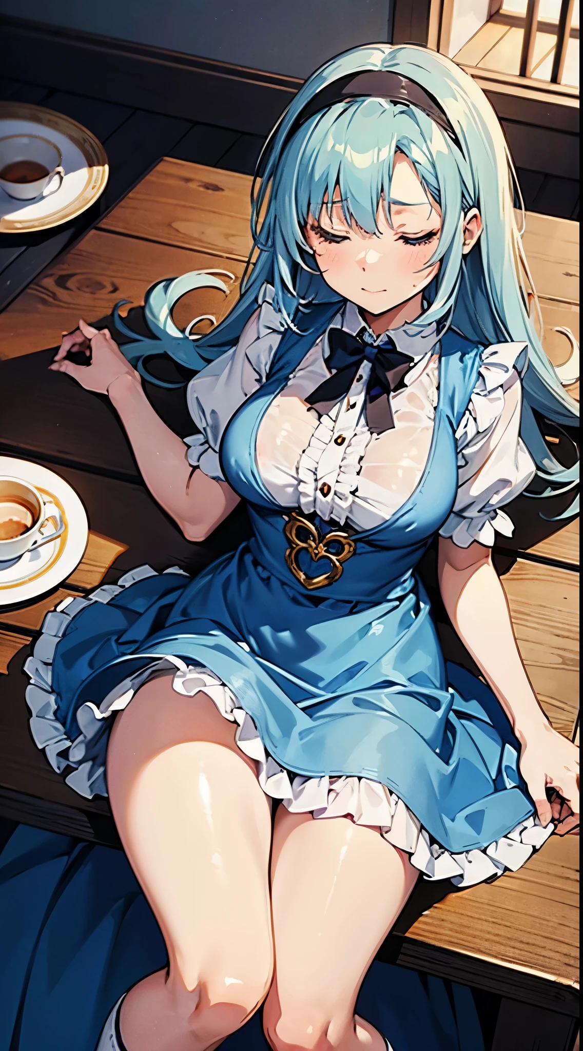 anime styled, High definition illustration, Perfect drawing, Draw anatomically correctly, alice in the wonderland, Beautiful blonde girl lying on the table at a tea party, ((seminude:1.5)), A short, light blue dress with a simple design and frills., Layering a white apron,The girl is sleeping with her eyes closed with a happy expression, The girl&#39;s apron and skirt are turned up and her panties are visible., sleep peacefully,((morpheus:1.5)), He is breathing peacefully with his mouth slightly open.,Close your eyes, light blue headband with white border, Her dress flutters in the breeze and her panties are visible., Legs spread cutely and defenselessly, Innocent sleeping face, White knee-high socks that reach above the knee, Breast bulge,The protrusions of her nipples are slightly visible through her clothes.