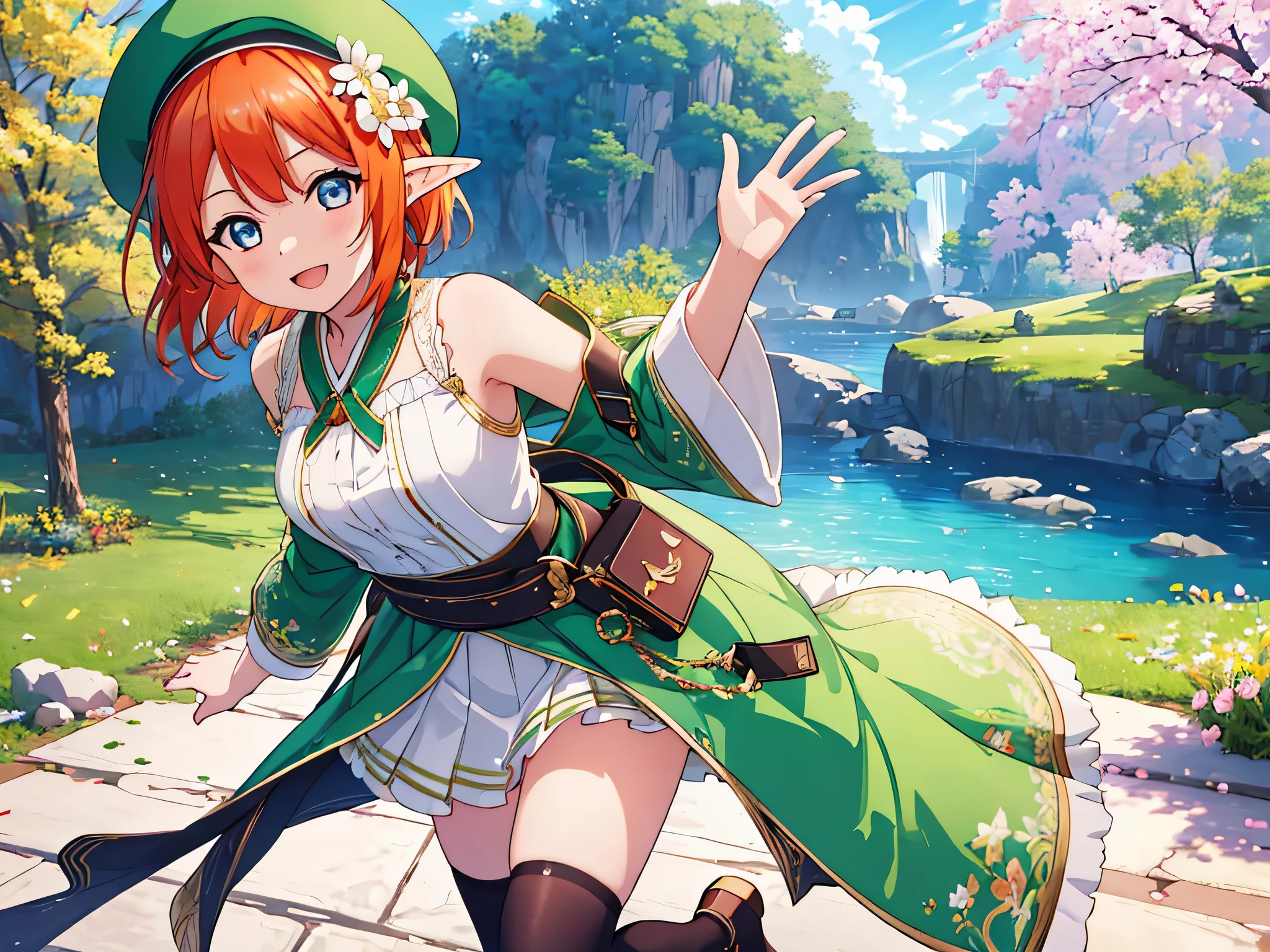 Hide hands, {{{{{One girl}}}}}, Beautiful detailed girl, GameCG, 发光, spring blossoms, 7headed body,1 curl on the outside, Elven ears,Short bob hair, big green hat,pastel orange hair, Purple eyes,stylish accessories solo, bustup, medium shoot, femele, takeout, A smile, Colossal tits,livestream,Green Idol Costume,dance,pastel green plaid mini skirt,Black Knee High, Opening Mouth, blue-sky, amazing, Beautiful detailed eyes, Best Quality, Super delicate,masuter piece,Best Quality,(Official art、Best Quality、Unity 8k Wallpapers、32K、masterpiece、ultra-detailliert、超A high resolution、realisitic、Photorealsitic:1.2)、(Cinematic lighting:1.2)、Fireglow effect、The grainiest shadow of the film、side lights、sideshot、(ultra-detailliertで複雑な3Dレンダリング)、Atelier Series,GenshinImpact,Koi,Smaller face,ラブlivestream!